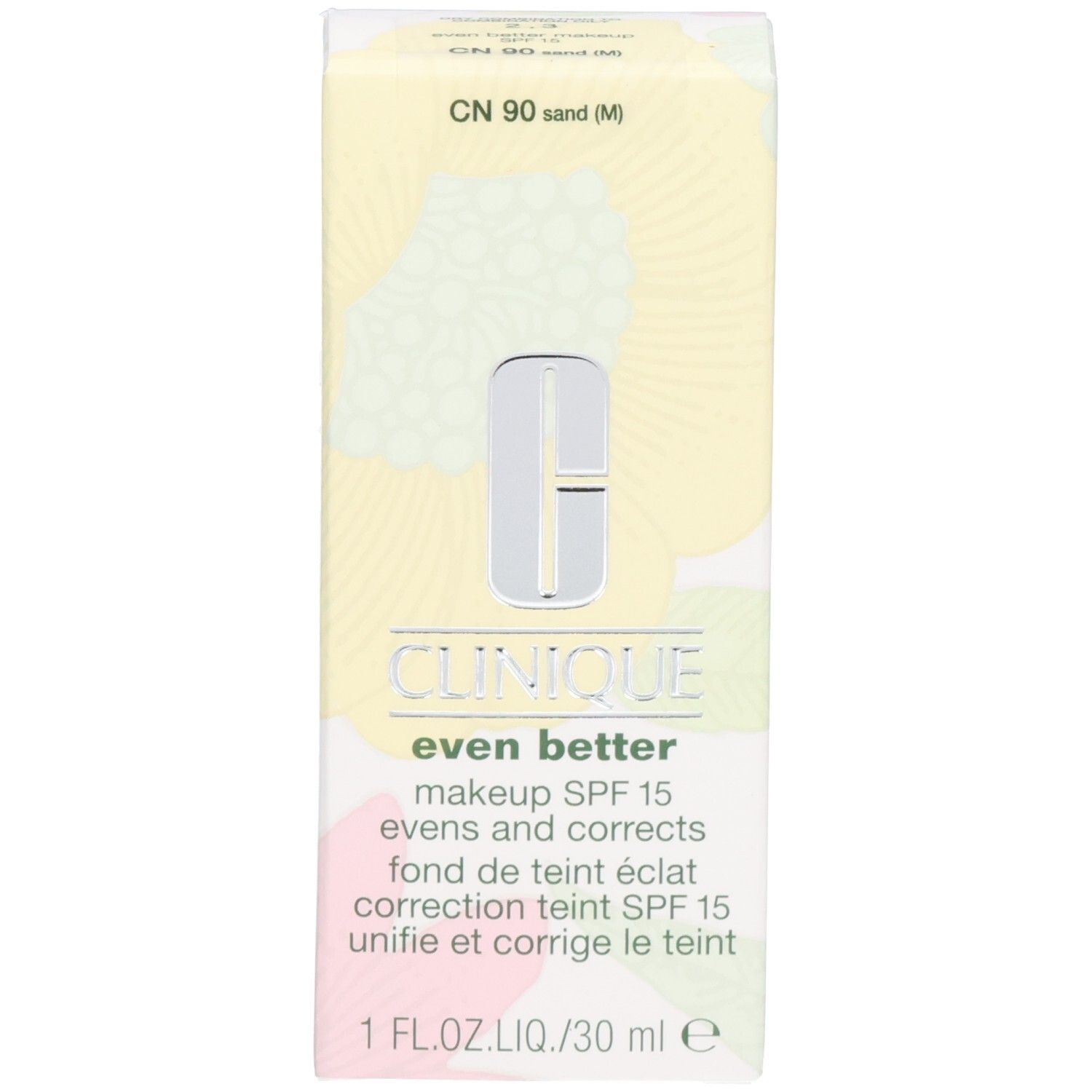 Verpakking van Clinique Even Better™ Makeup SPF15. Doos met productinformatie en logo.