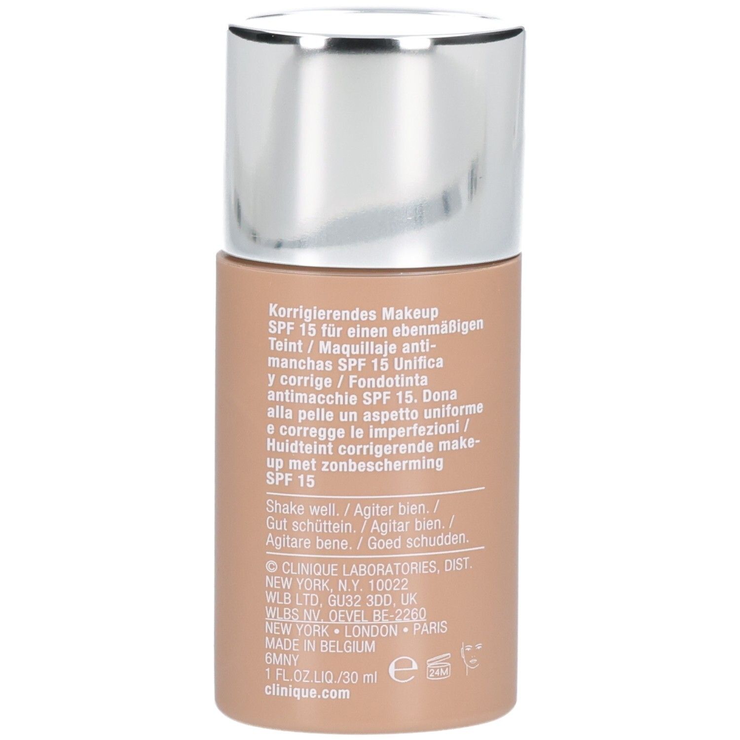 Flacon de fond de teint beige avec bouchon argenté. Contient 30 ml. Marque : Clinique.