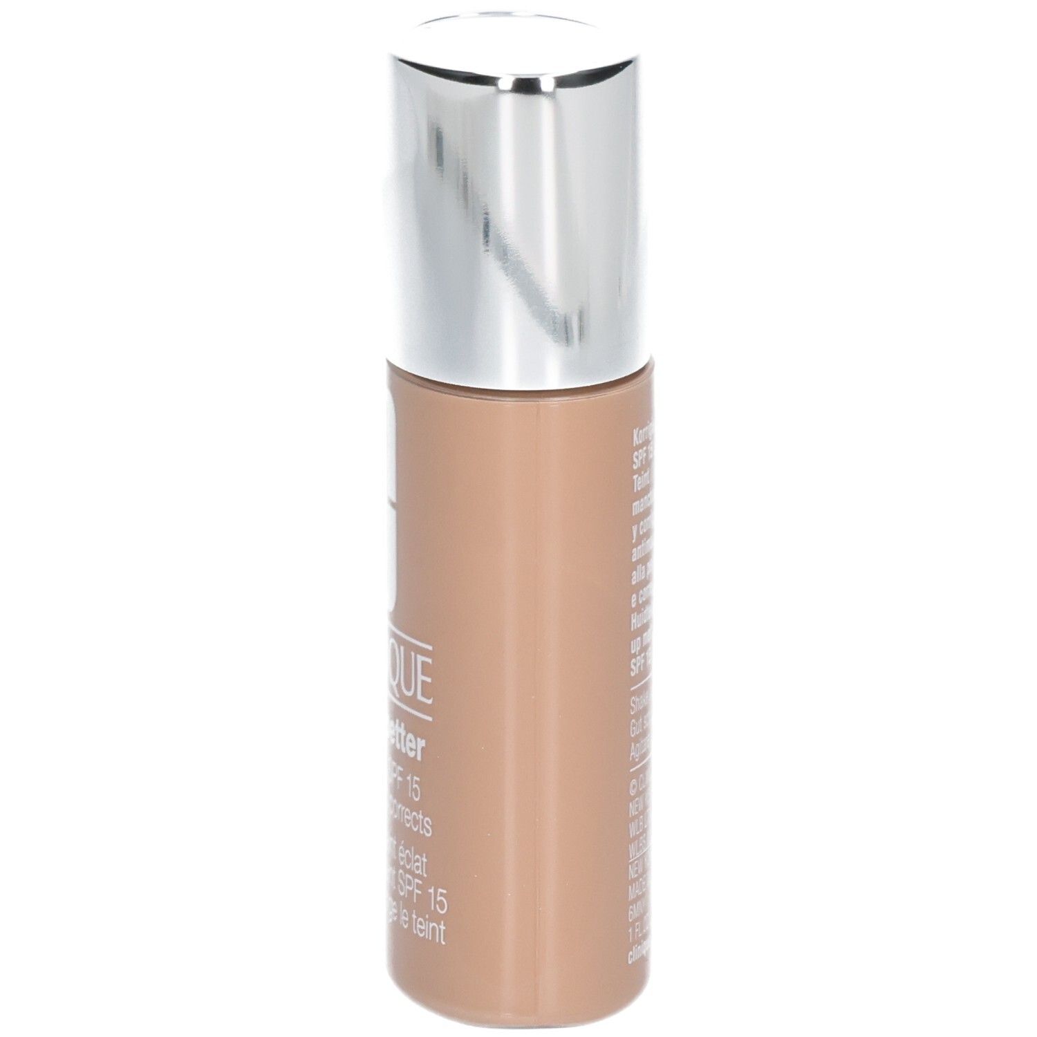 Flacon de fond de teint beige avec bouchon argenté. Texte : Clinique, Superbalanced, SPF 15.
