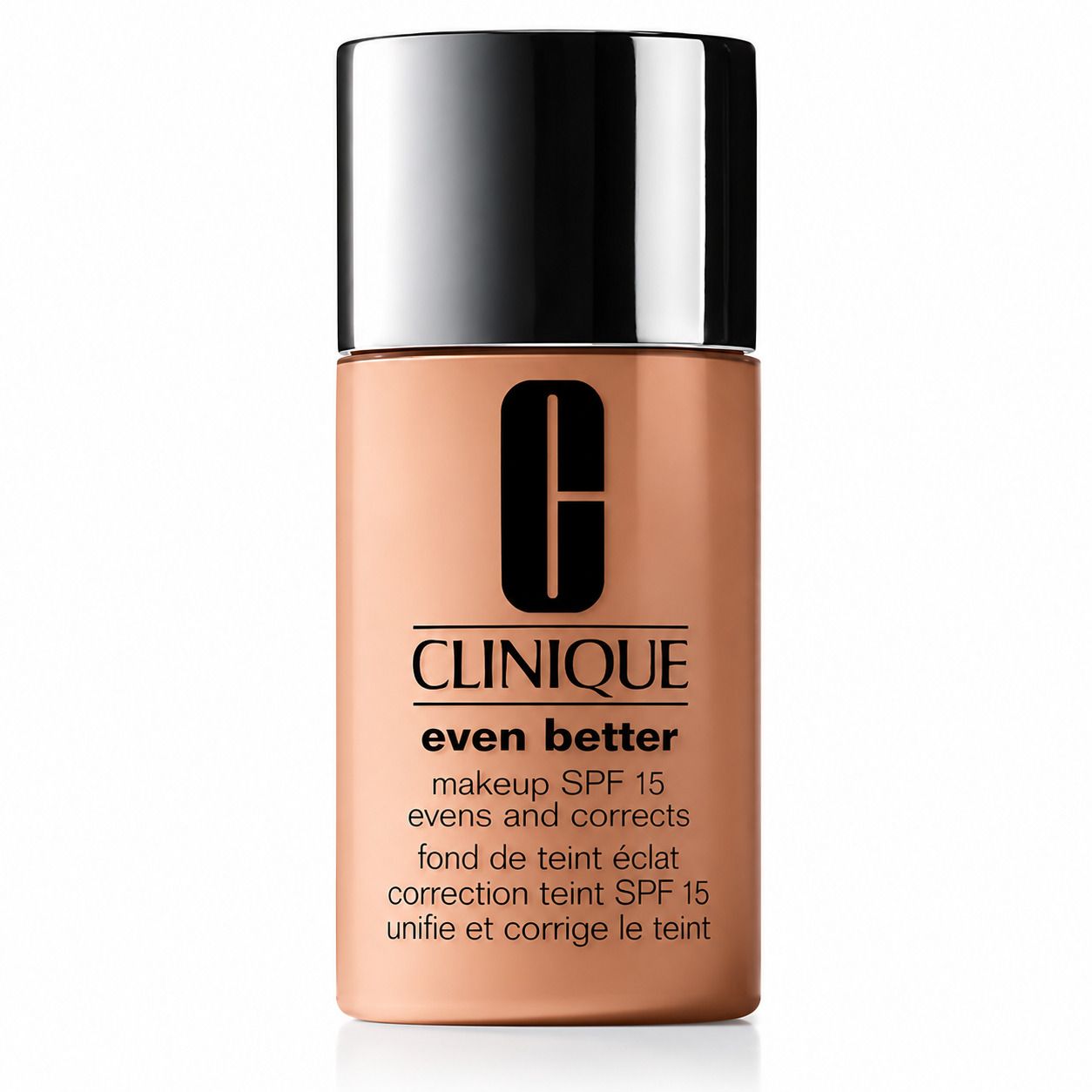 Clinique Even Better™ Makeup SPF15 fles. Beige tint. Zwarte dop. Wit logo. Tekst.