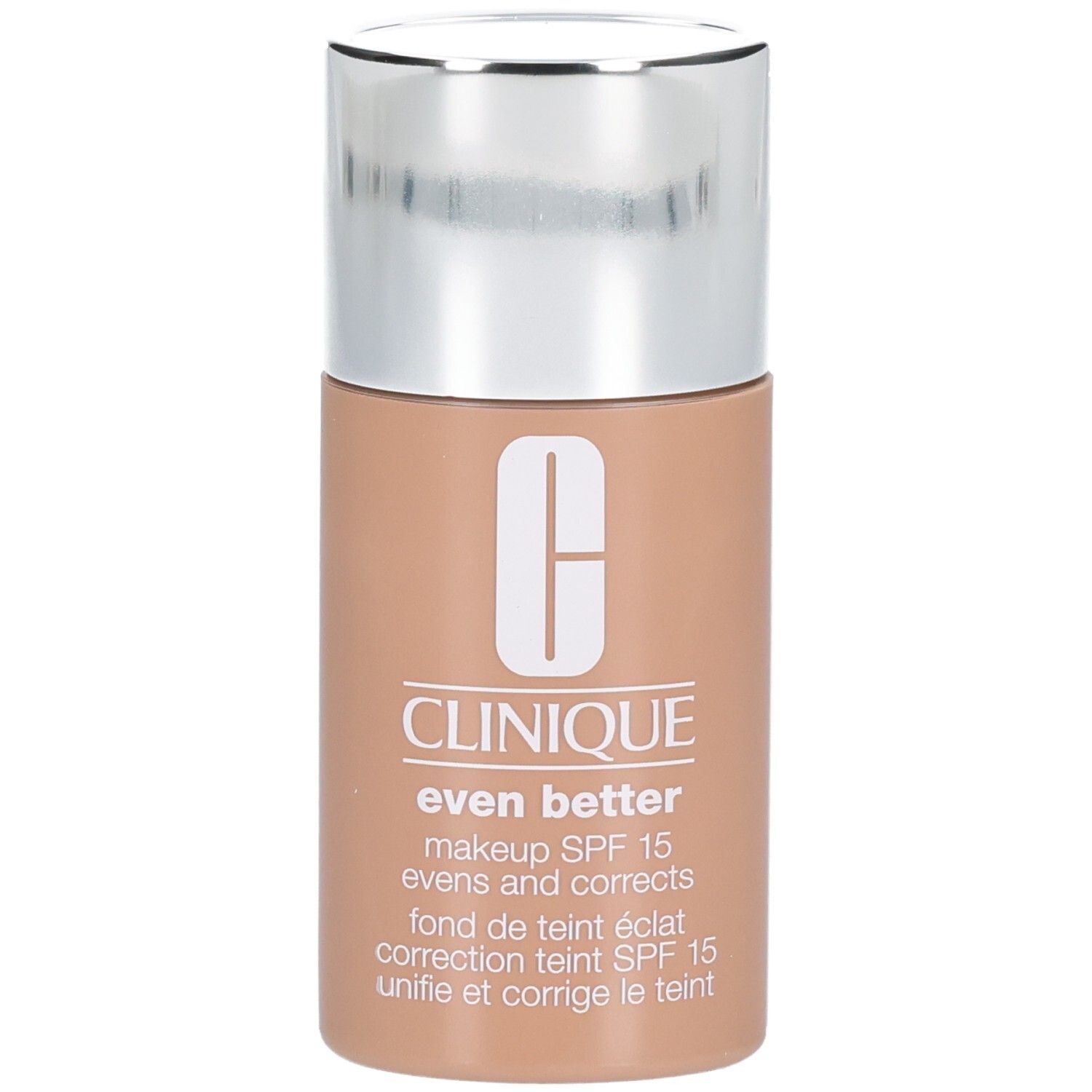 Flacon Clinique Even Better™ Makeup SPF15. Teinte beige. Bouchon argenté. Logo blanc. Texte.