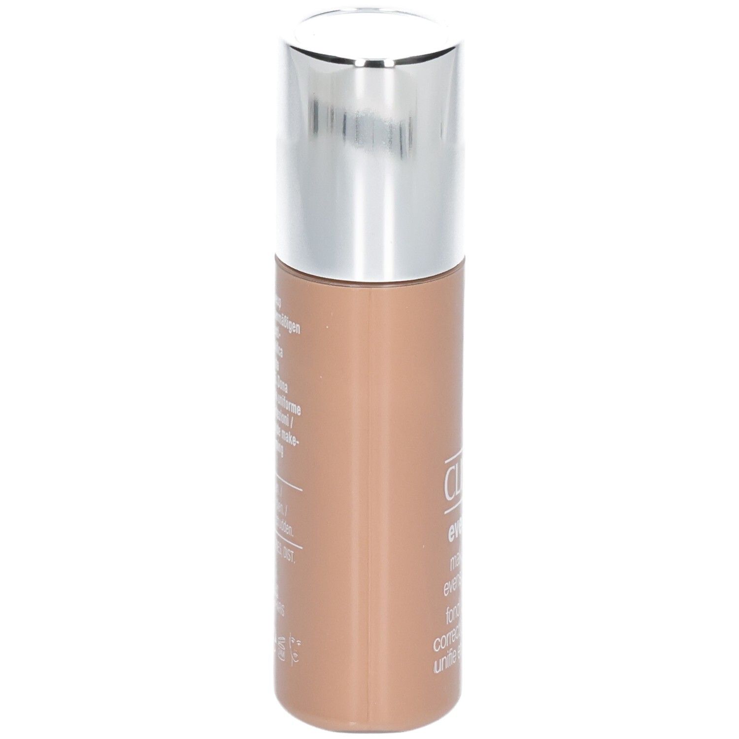 Flacon Clinique Even Better™ Makeup SPF15. Teinte beige. Bouchon argenté. Texte.