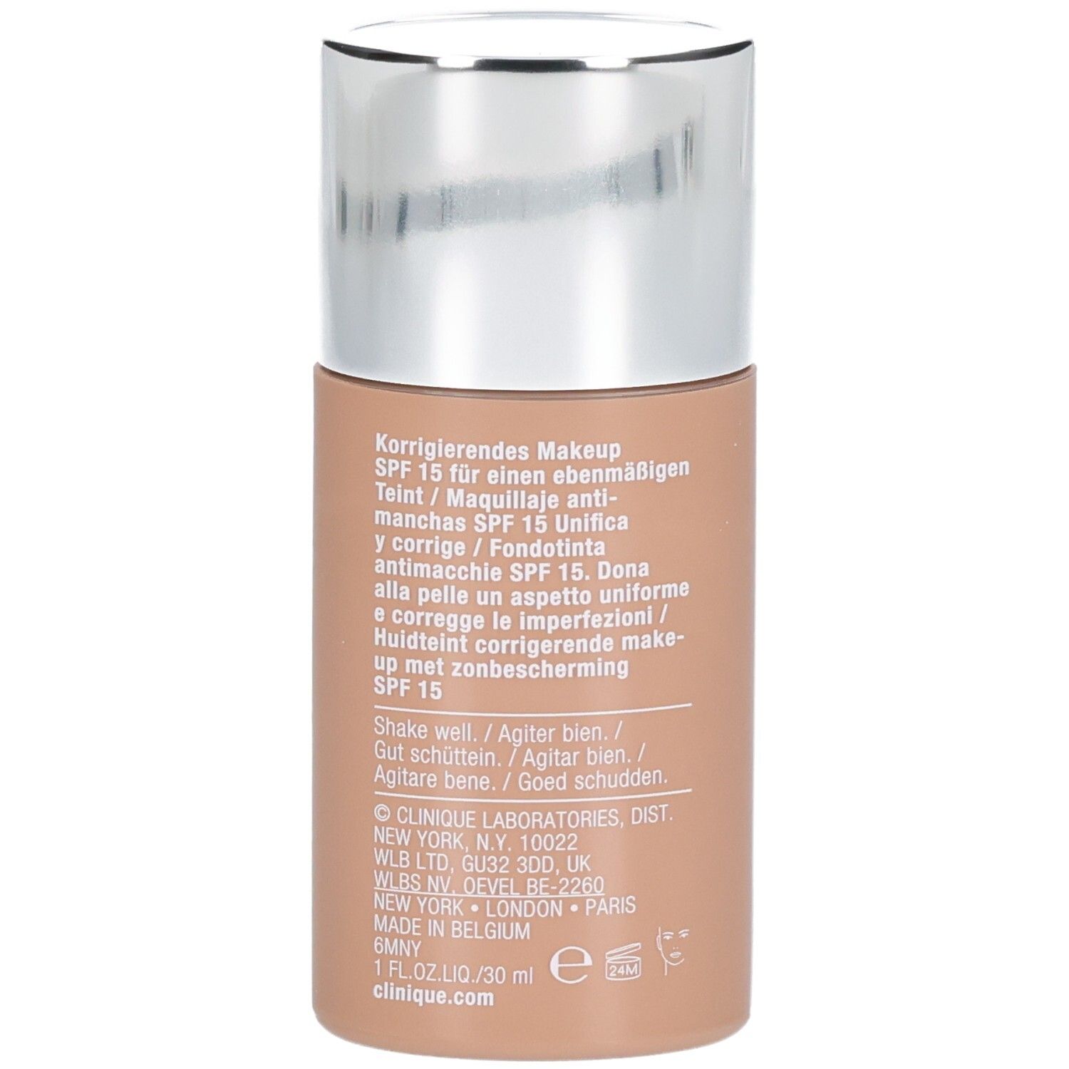 Dos du flacon Clinique Even Better™ Makeup SPF15. Texte multilingue. Beige.