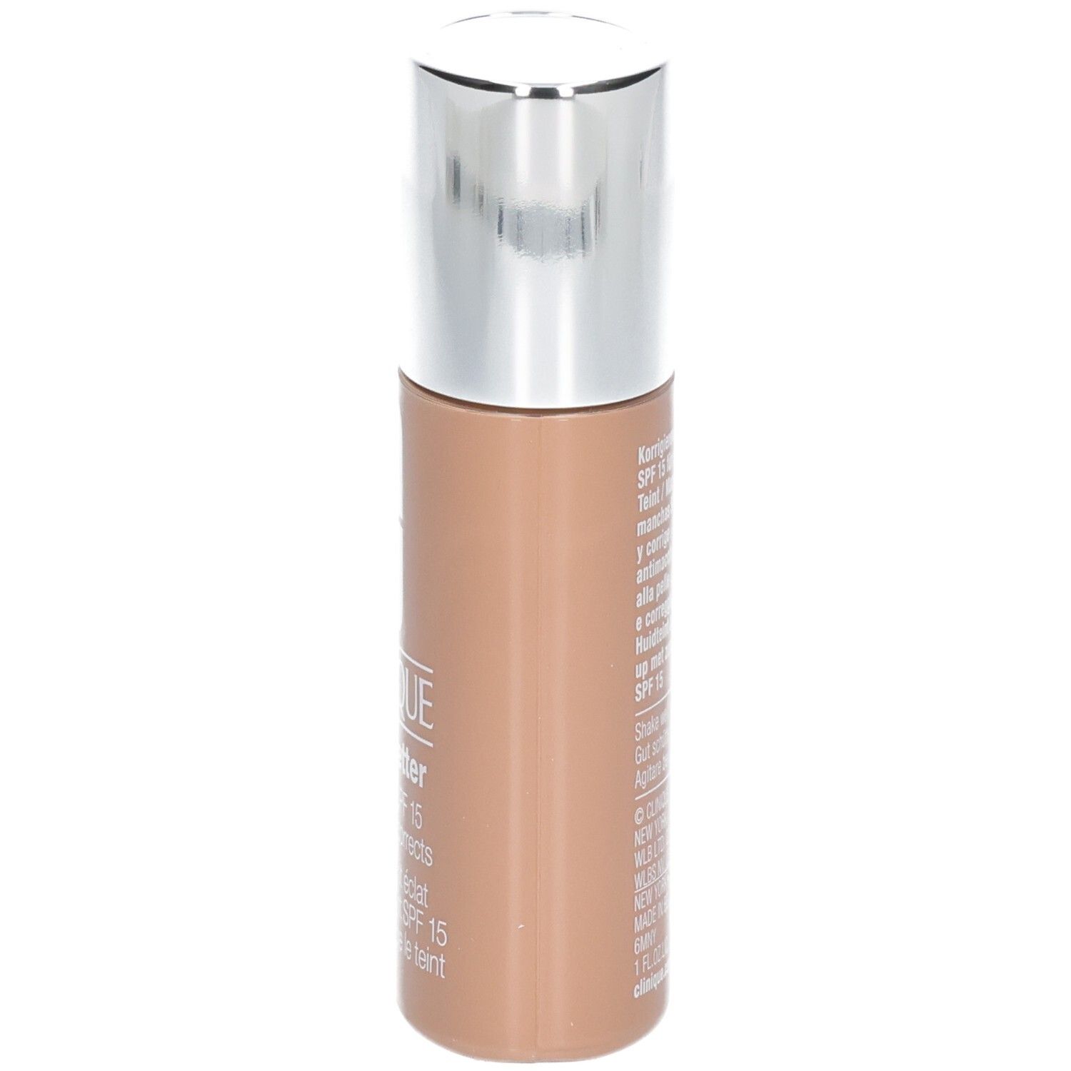 Flacon Clinique Even Better™ Makeup SPF15. Teinte beige. Bouchon argenté. Texte.