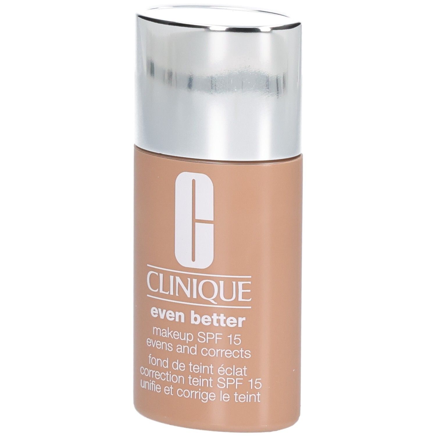 Flacon Clinique Even Better™ Makeup SPF15. Teinte beige. Bouchon argenté. Logo blanc. Texte.