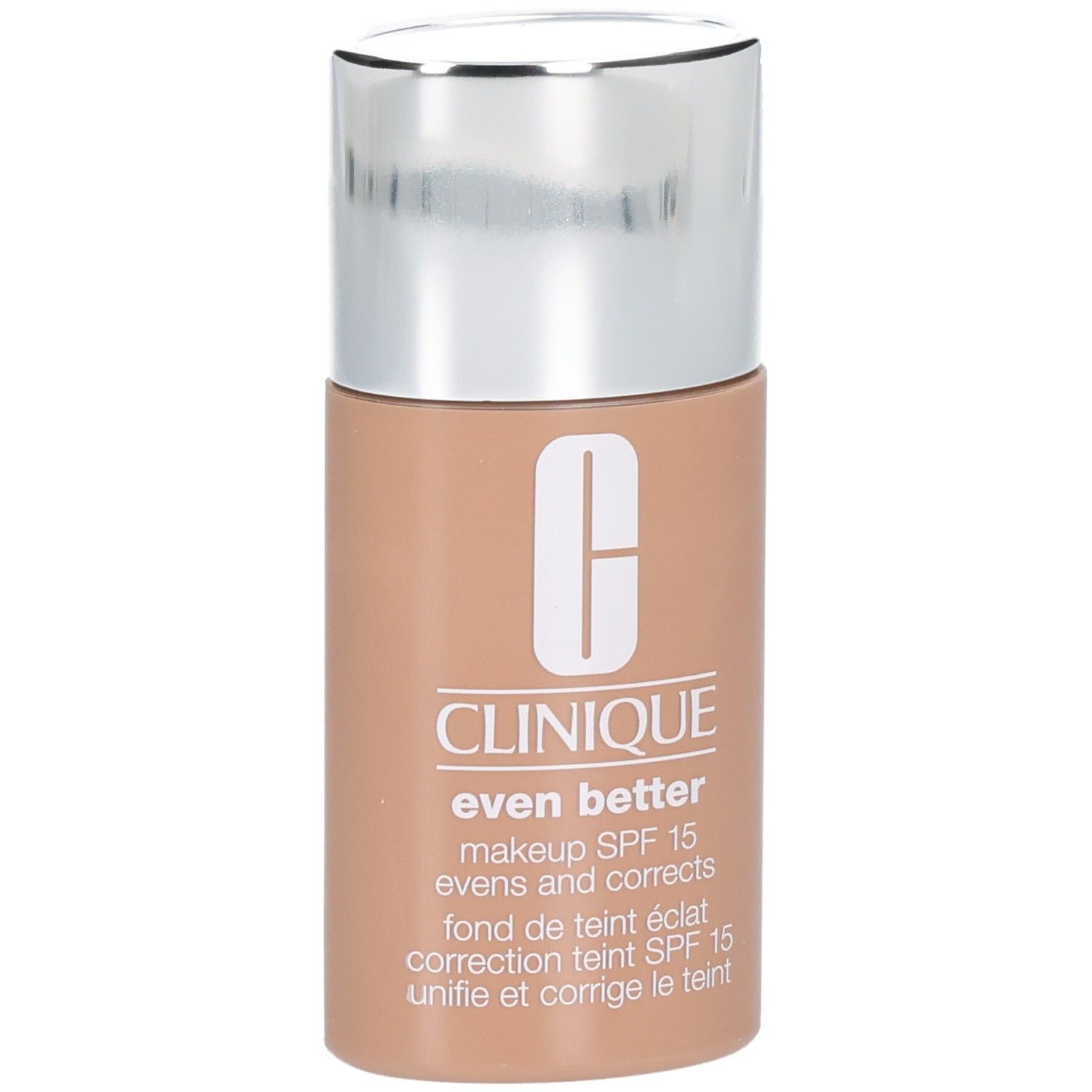 Flacon Clinique Even Better™ Makeup SPF15. Teinte beige. Bouchon argenté. Logo blanc. Texte.