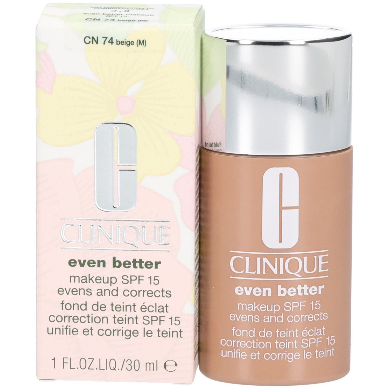 Clinique Even Better™ Makeup SPF15 et emballage. Teinte beige. Texte. CN 74 Beige.