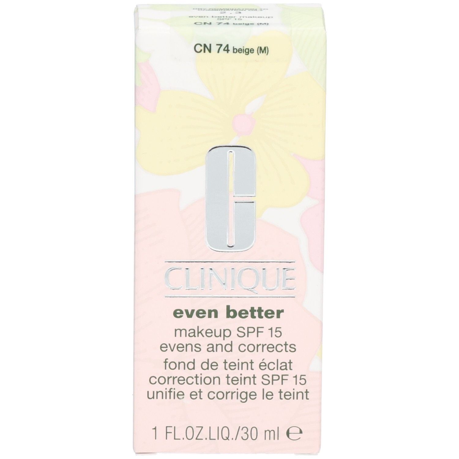 Emballage Clinique Even Better™ Makeup SPF15. Teinte beige. Texte. CN 74 Beige.