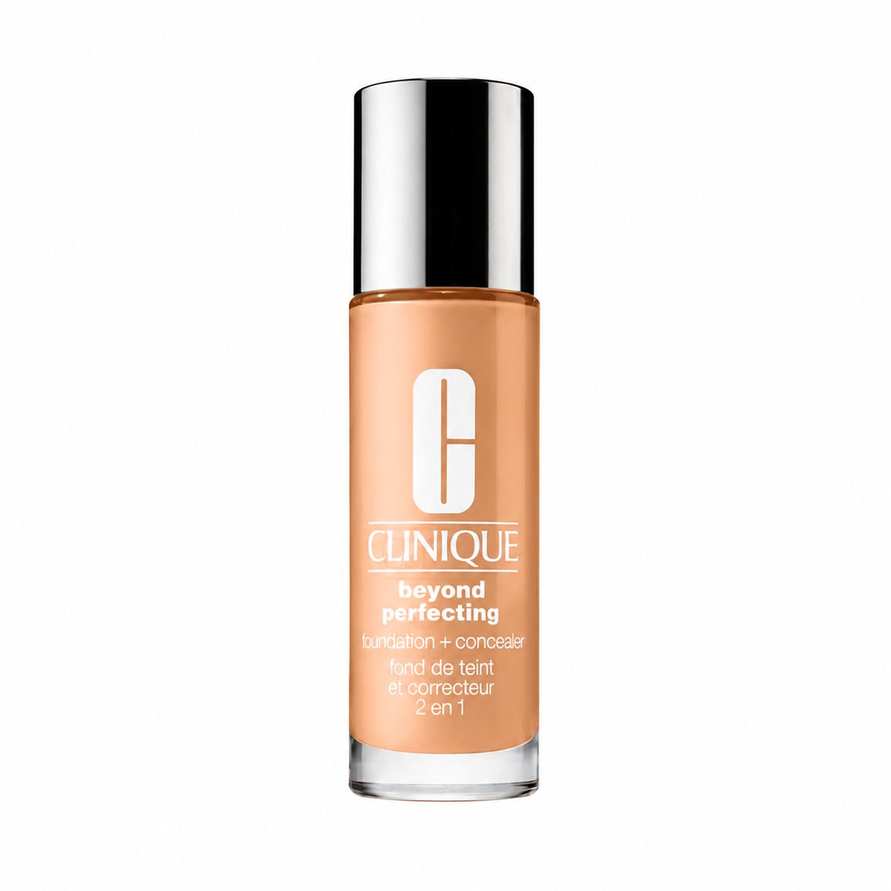 Fond de teint Clinique Beyond Perfecting. Flacon avec bouchon argenté. Inscription: fond de teint + correcteur 2 en 1.