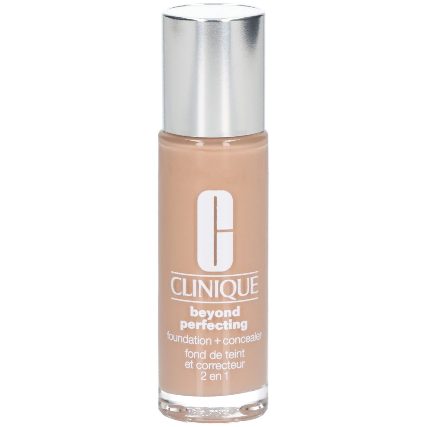 Clinique Beyond Perfecting foundation met zilveren dop. Tekst: foundation + concealer, fond de teint et correcteur 2 en 1.