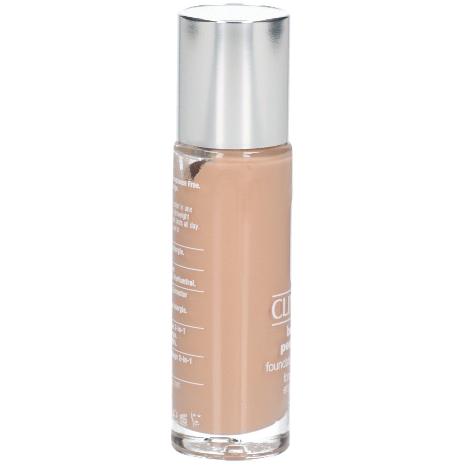 Achterkant make-up fles. Tekst: Allergy Tested. 100% parfumvrij. Foundation + concealer 2-in-1.