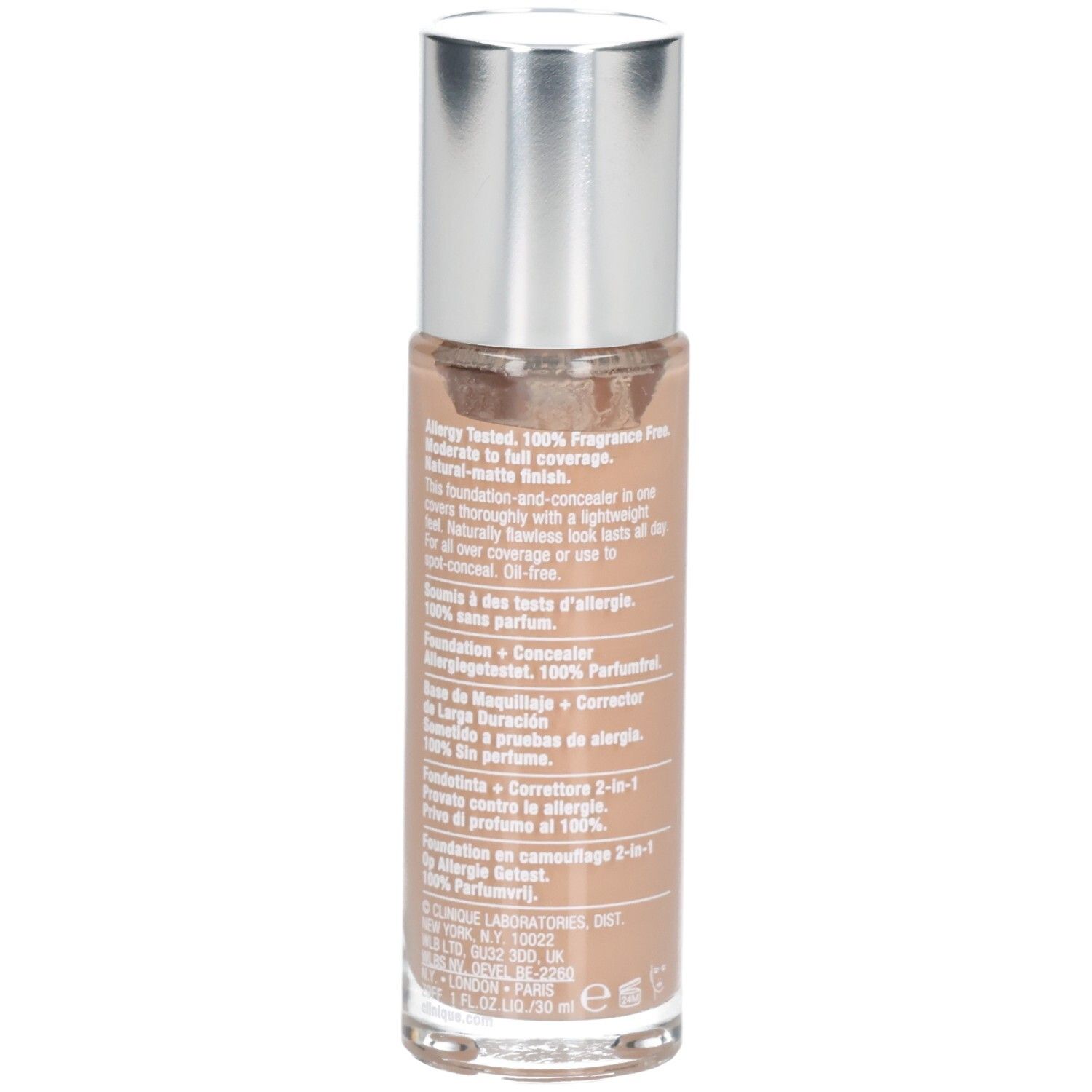 Achterkant make-up fles. Tekst: Allergy Tested. 100% parfumvrij. Foundation + concealer 2-in-1.