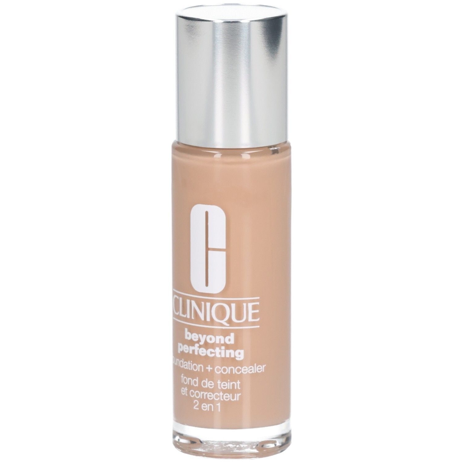 Clinique Beyond Perfecting foundation met zilveren dop. Tekst: foundation + concealer, fond de teint et correcteur 2 en 1.