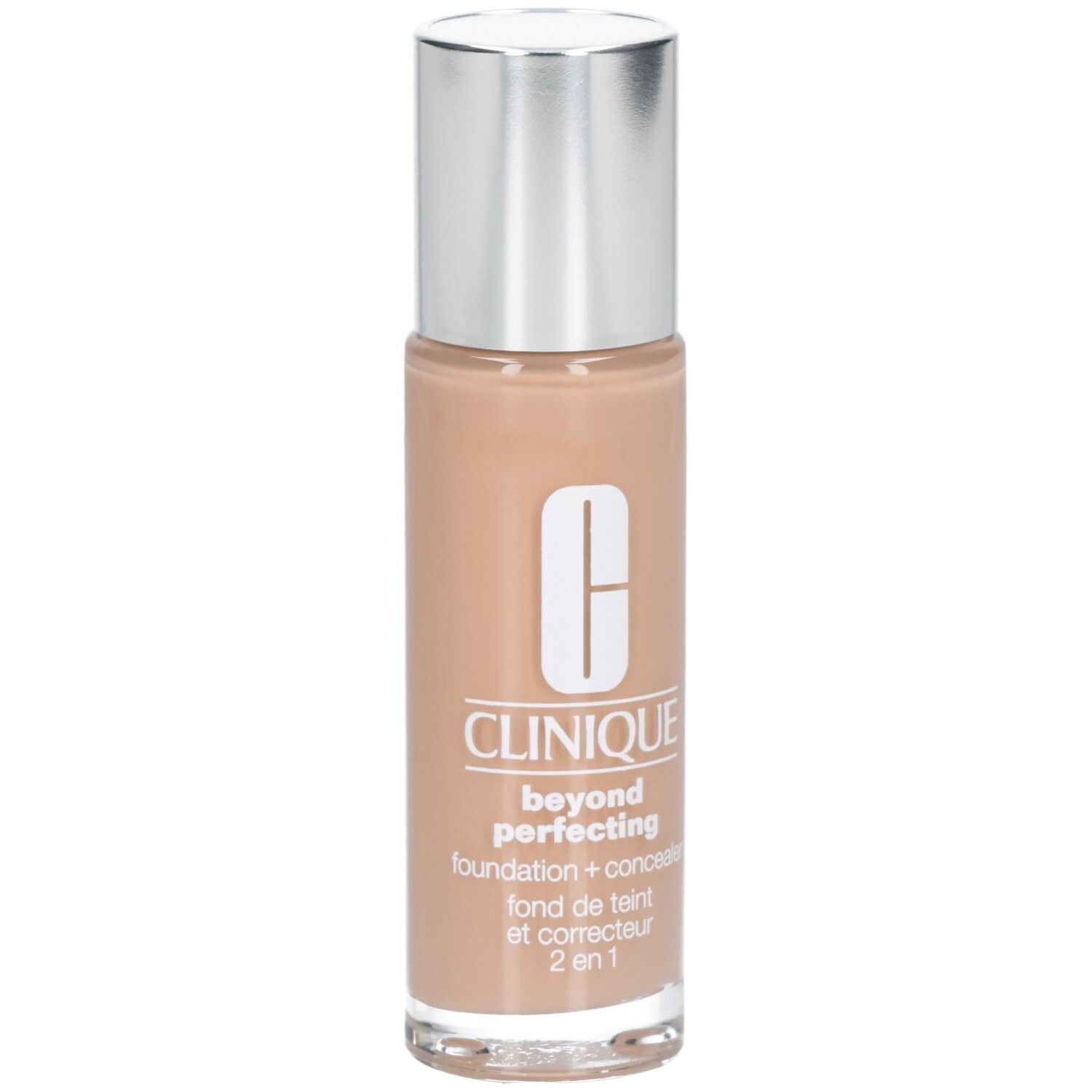 Clinique Beyond Perfecting foundation met zilveren dop. Tekst: foundation + concealer, fond de teint et correcteur 2 en 1.