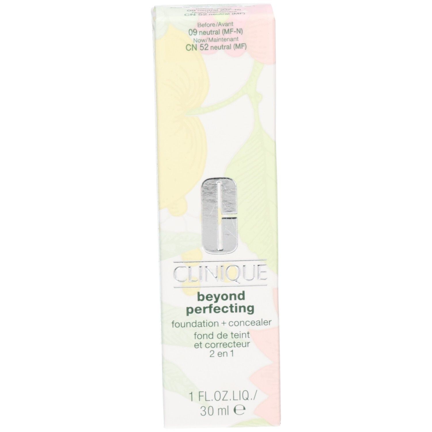 Verpakking voor make-up. Tekst: Clinique, foundation + concealer, fond de teint et correcteur 2 en 1.