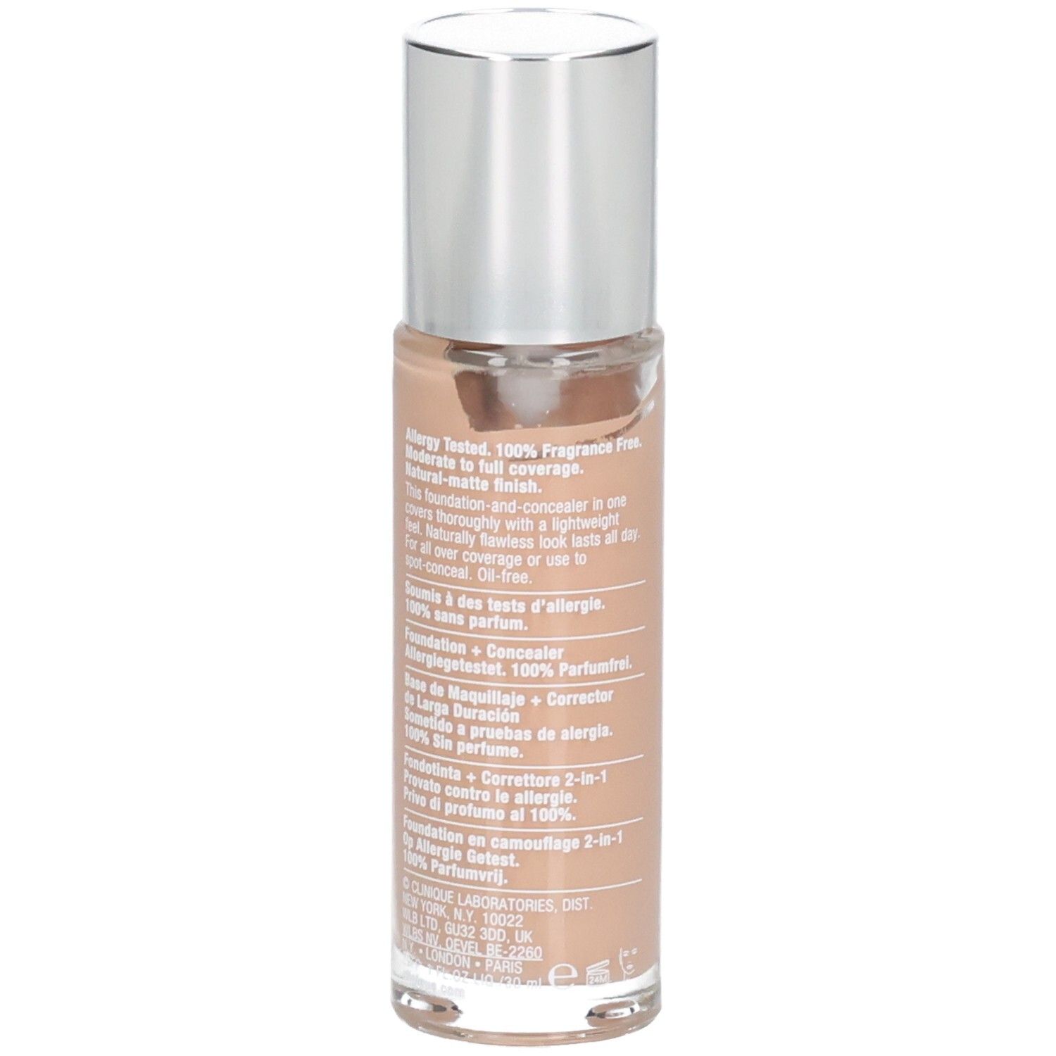 Beige foundationflesje met zilveren dop. Tekst op achterkant. Opschrift: Clinique, beyond perfecting, foundation + concealer, 2 in 1.