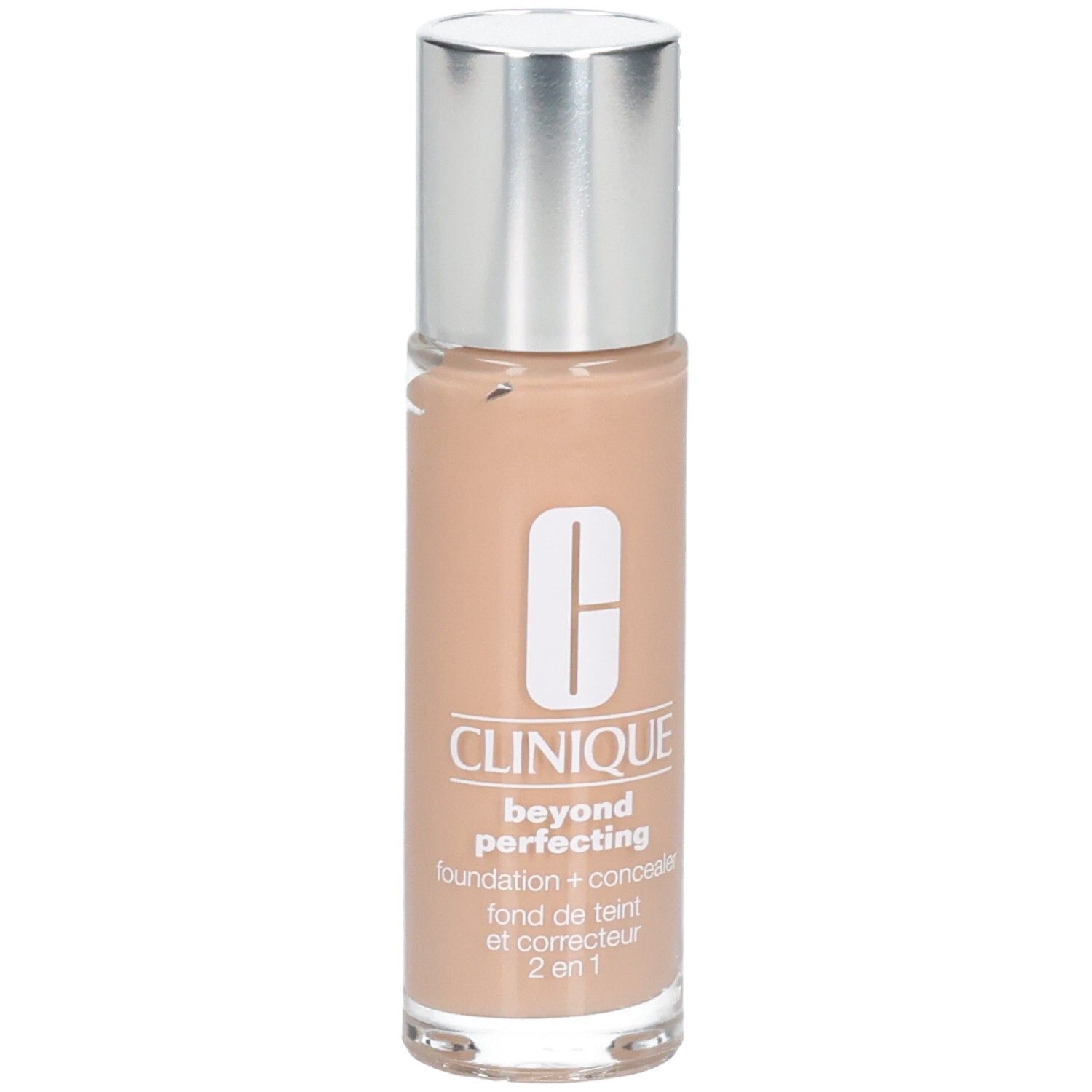 Beige foundationflesje met zilveren dop. Opschrift: Clinique, beyond perfecting, foundation + concealer, 2 in 1.