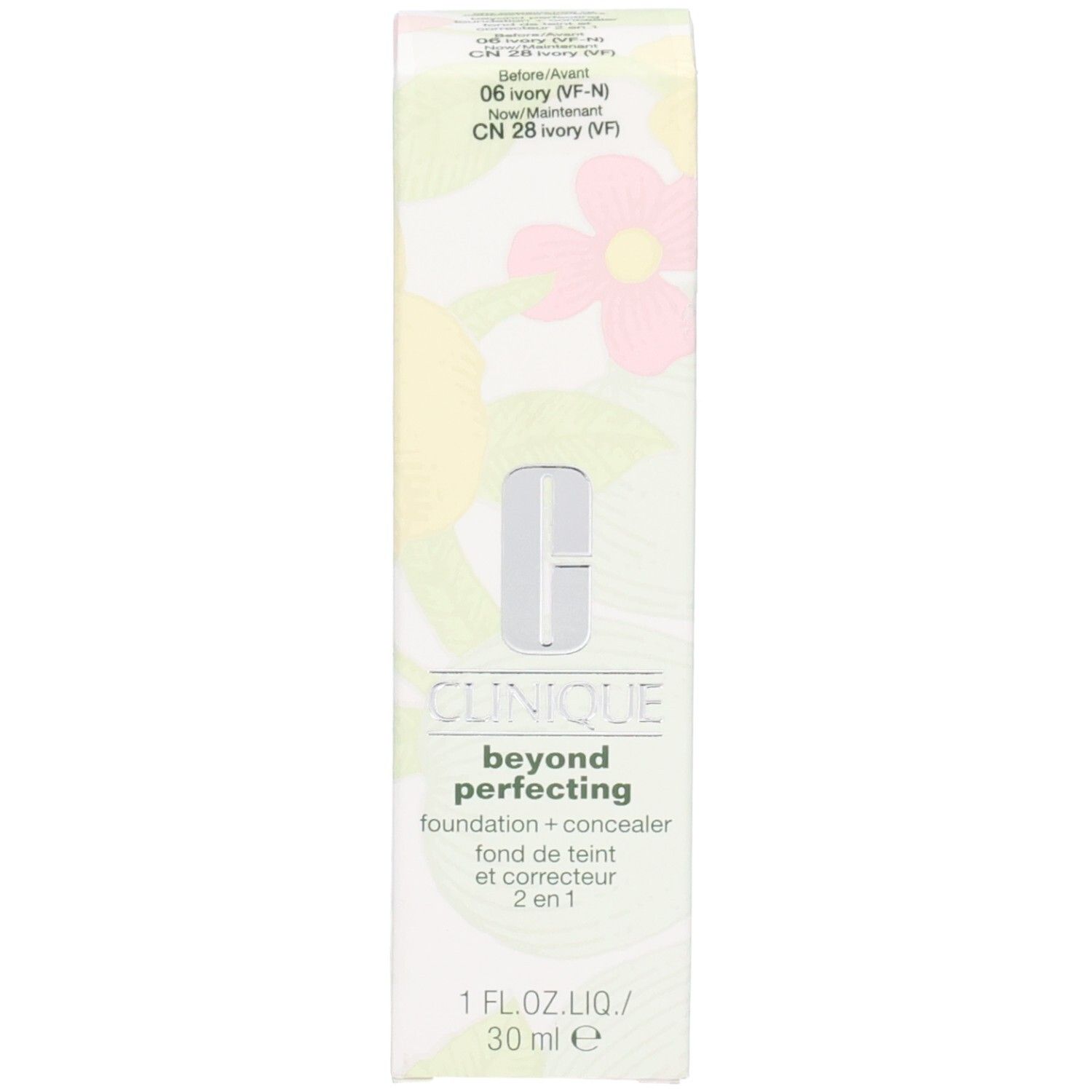Verpakking met opschrift: Clinique, beyond perfecting, foundation + concealer, 2 in 1. Kleur: CN 28 Ivory.