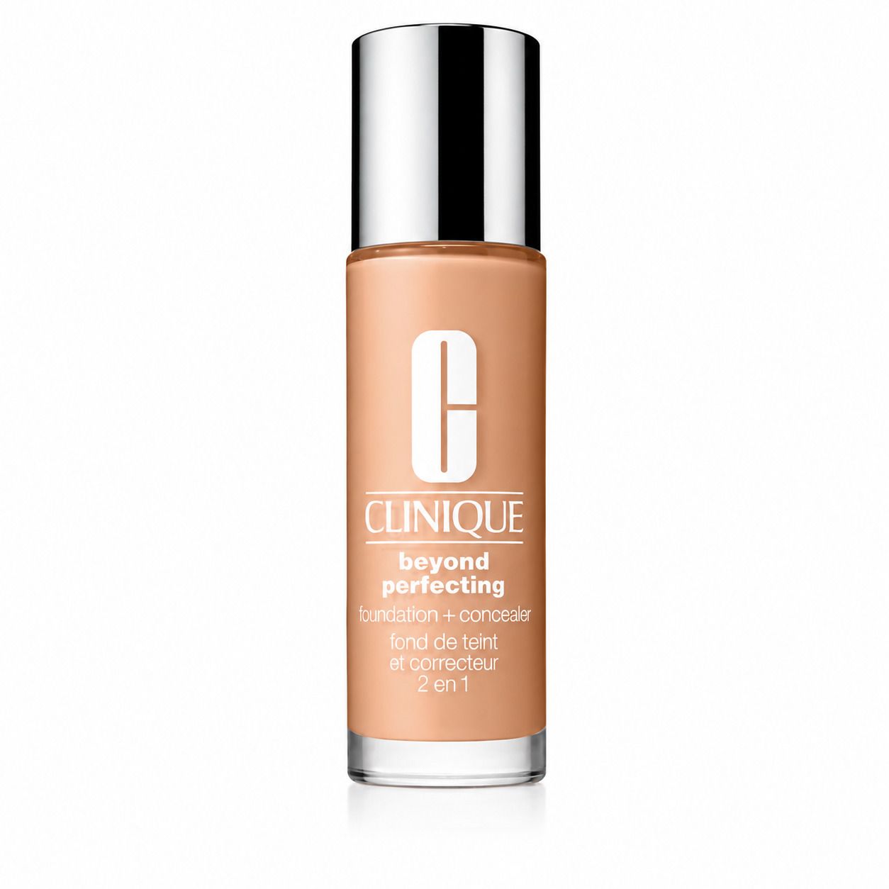 Clinique Beyond Perfecting. Beige fles met zilveren dop. Logo en productnaam zichtbaar.