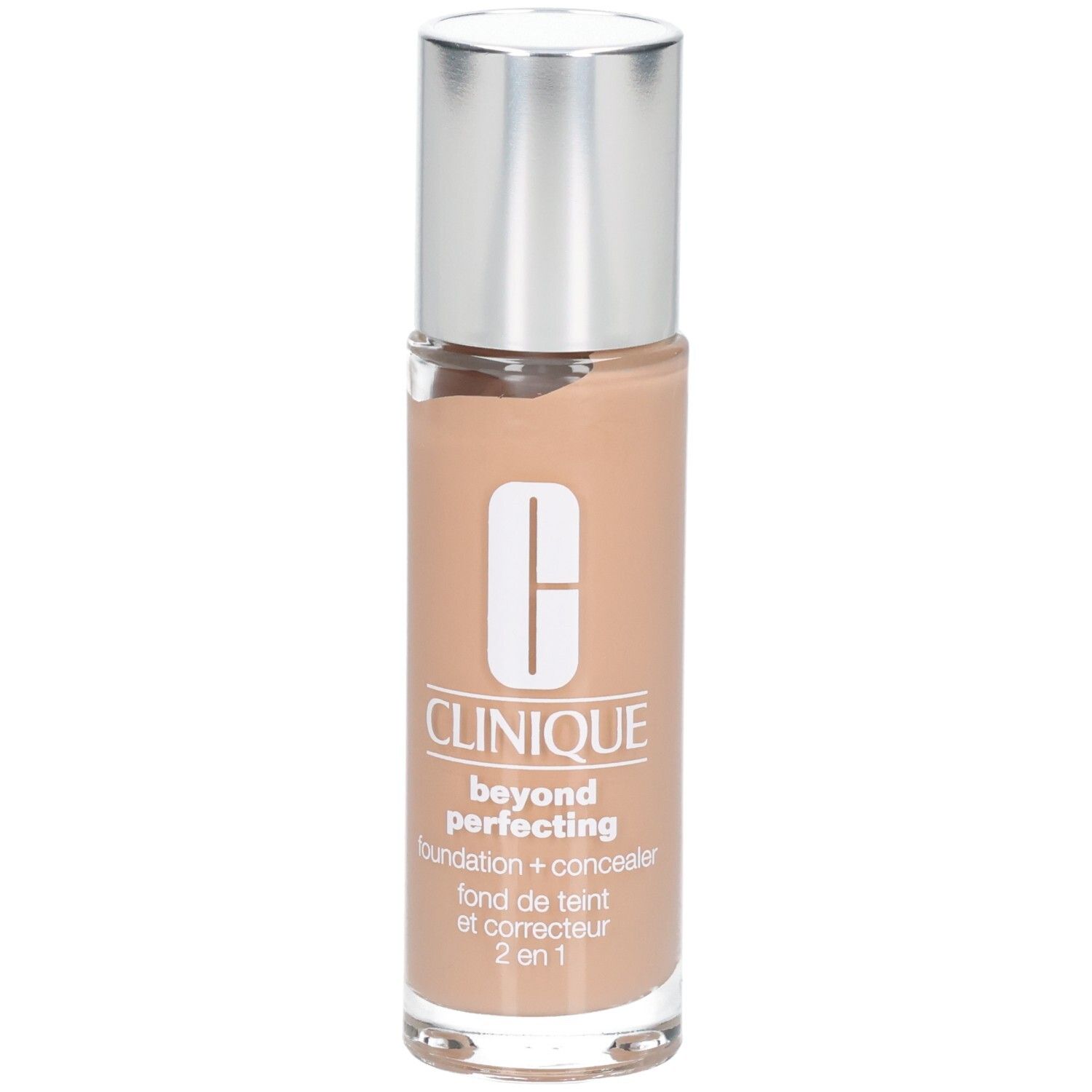 Clinique Beyond Perfecting. Beige fles met zilveren dop. Logo en productnaam zichtbaar.