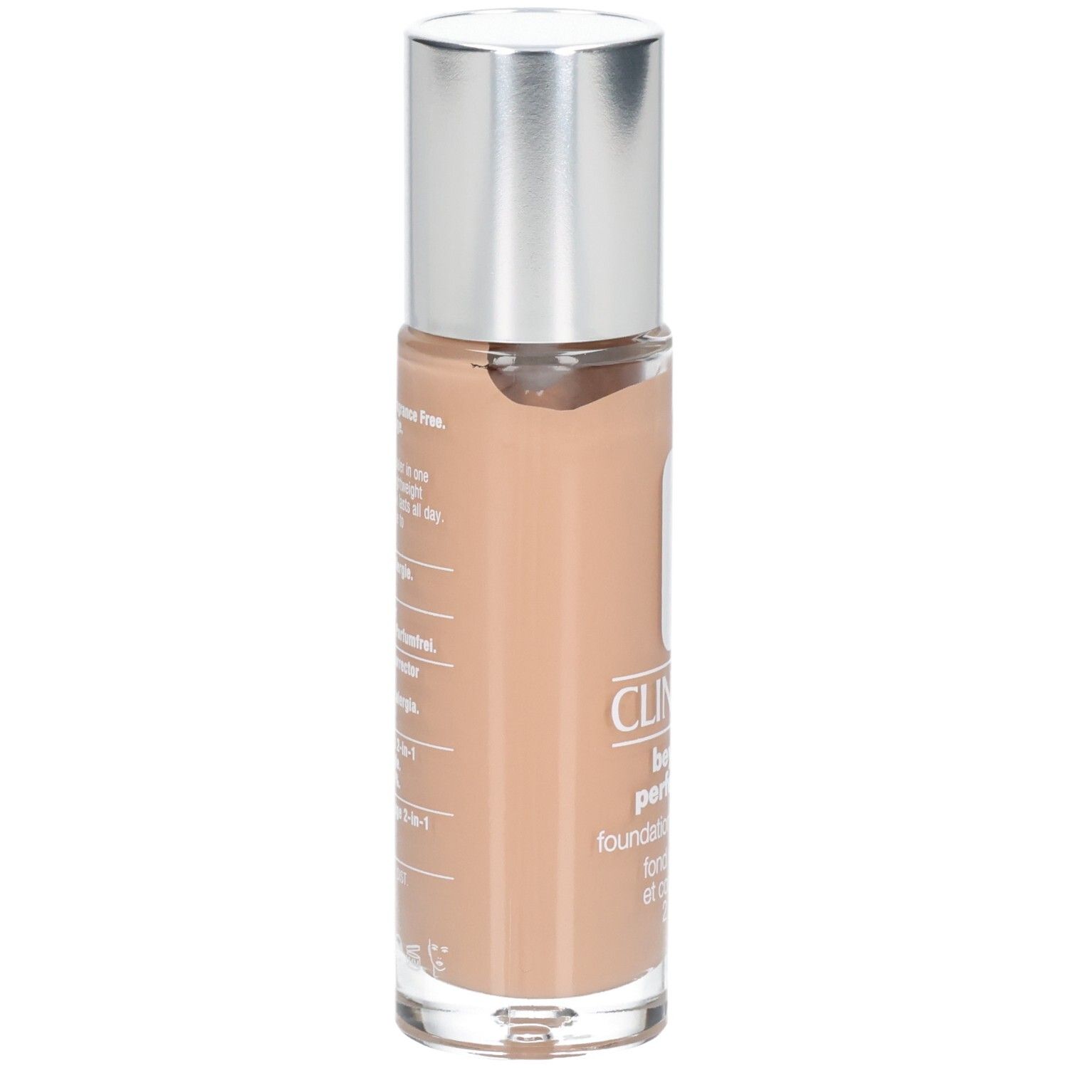 Clinique Beyond Perfecting. Achterkant fles met tekst. Zilveren dop.