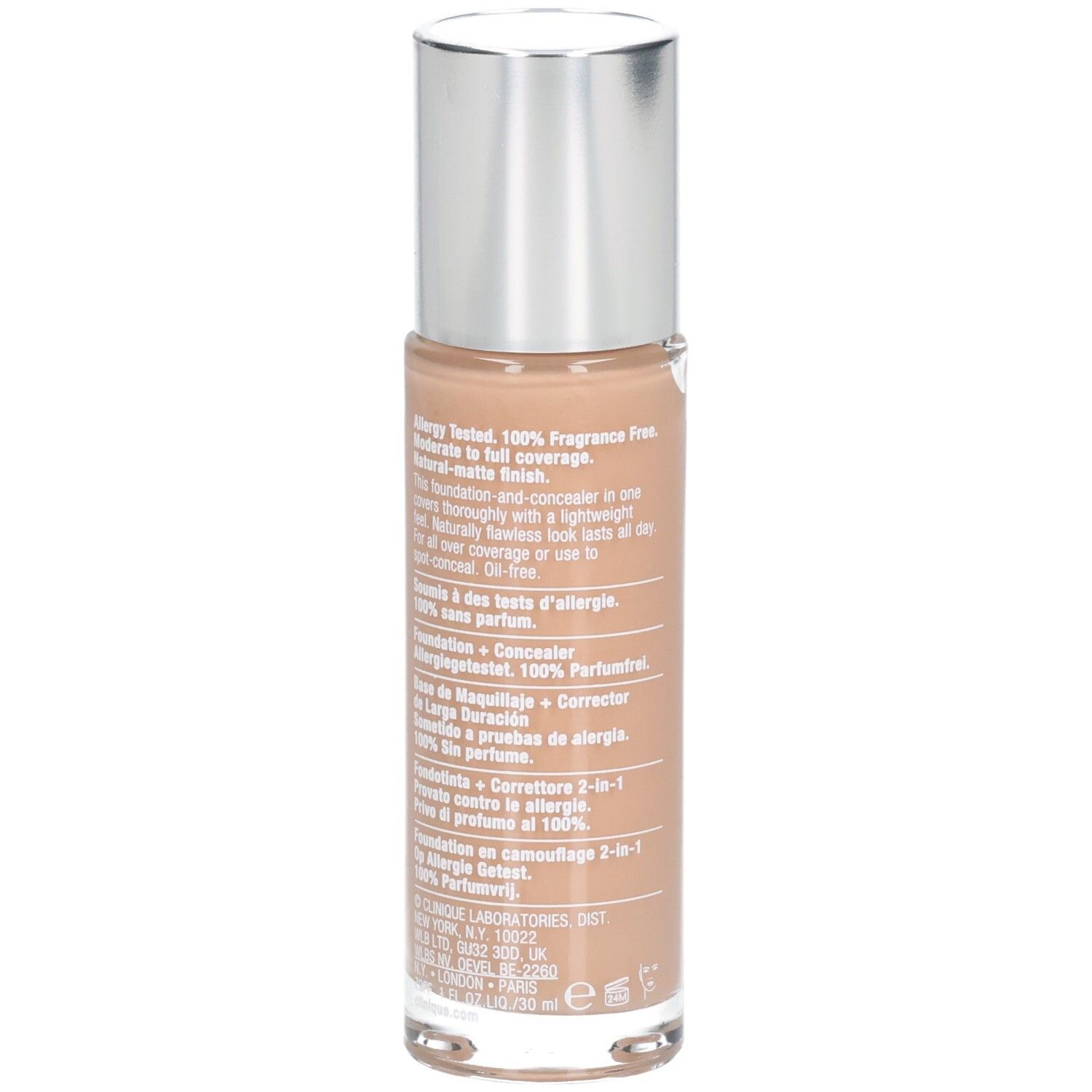 Clinique Beyond Perfecting. Achterkant fles met tekst. Zilveren dop.