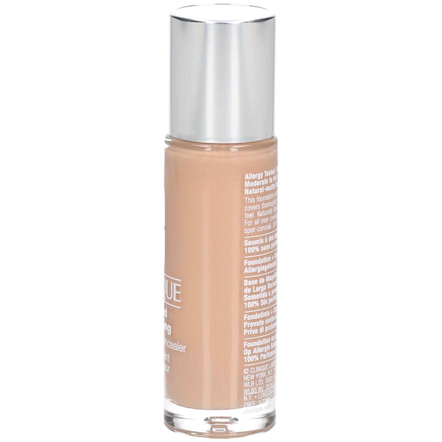 Clinique Beyond Perfecting. Achterkant fles met tekst. Zilveren dop.