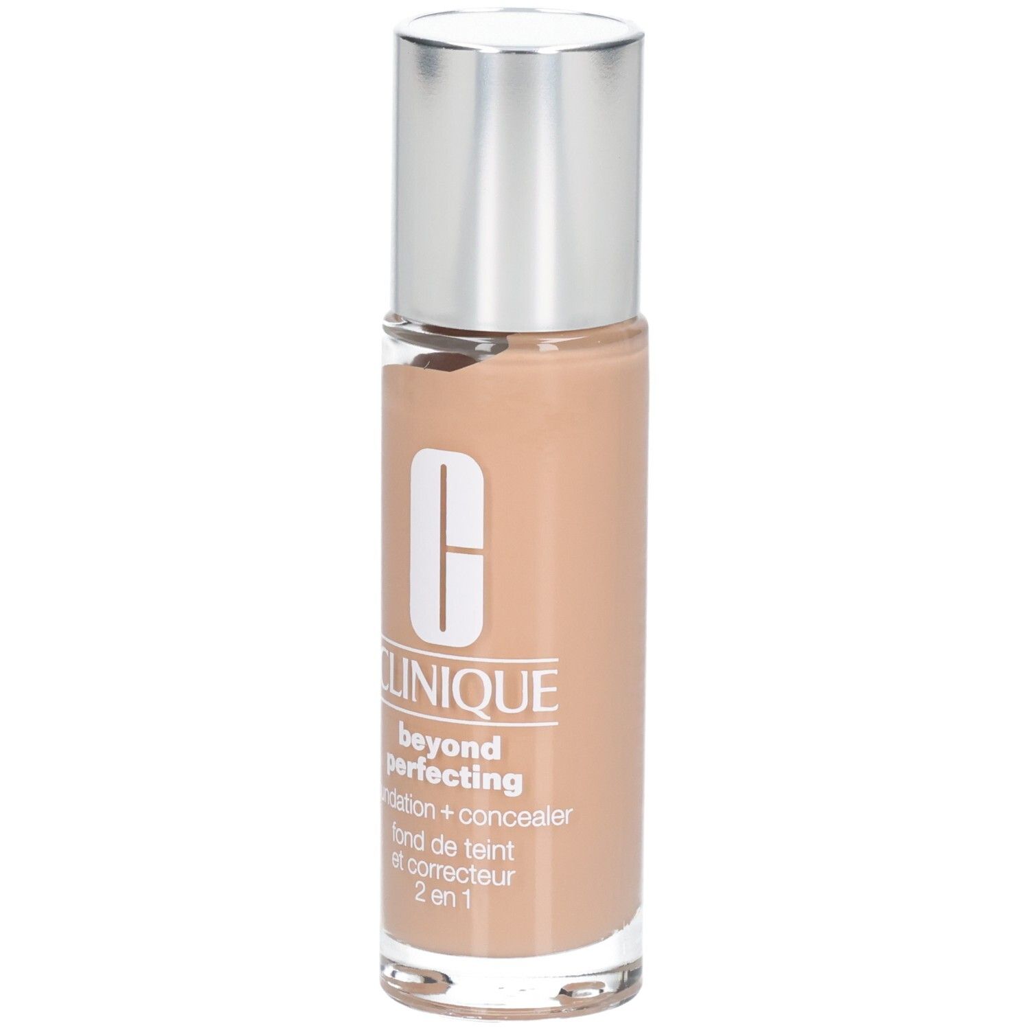 Clinique Beyond Perfecting. Beige fles met zilveren dop. Logo en productnaam zichtbaar.