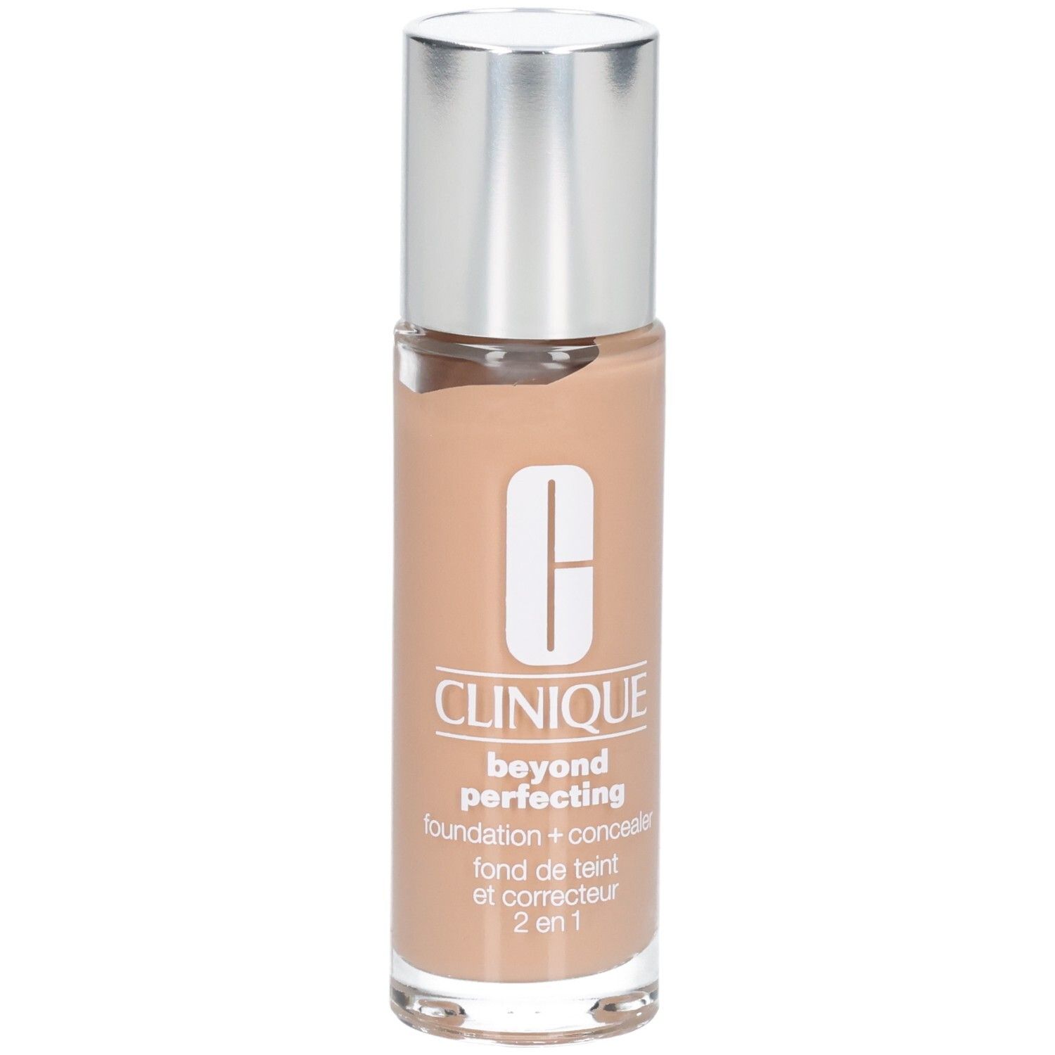 Clinique Beyond Perfecting. Beige fles met zilveren dop. Logo en productnaam zichtbaar.