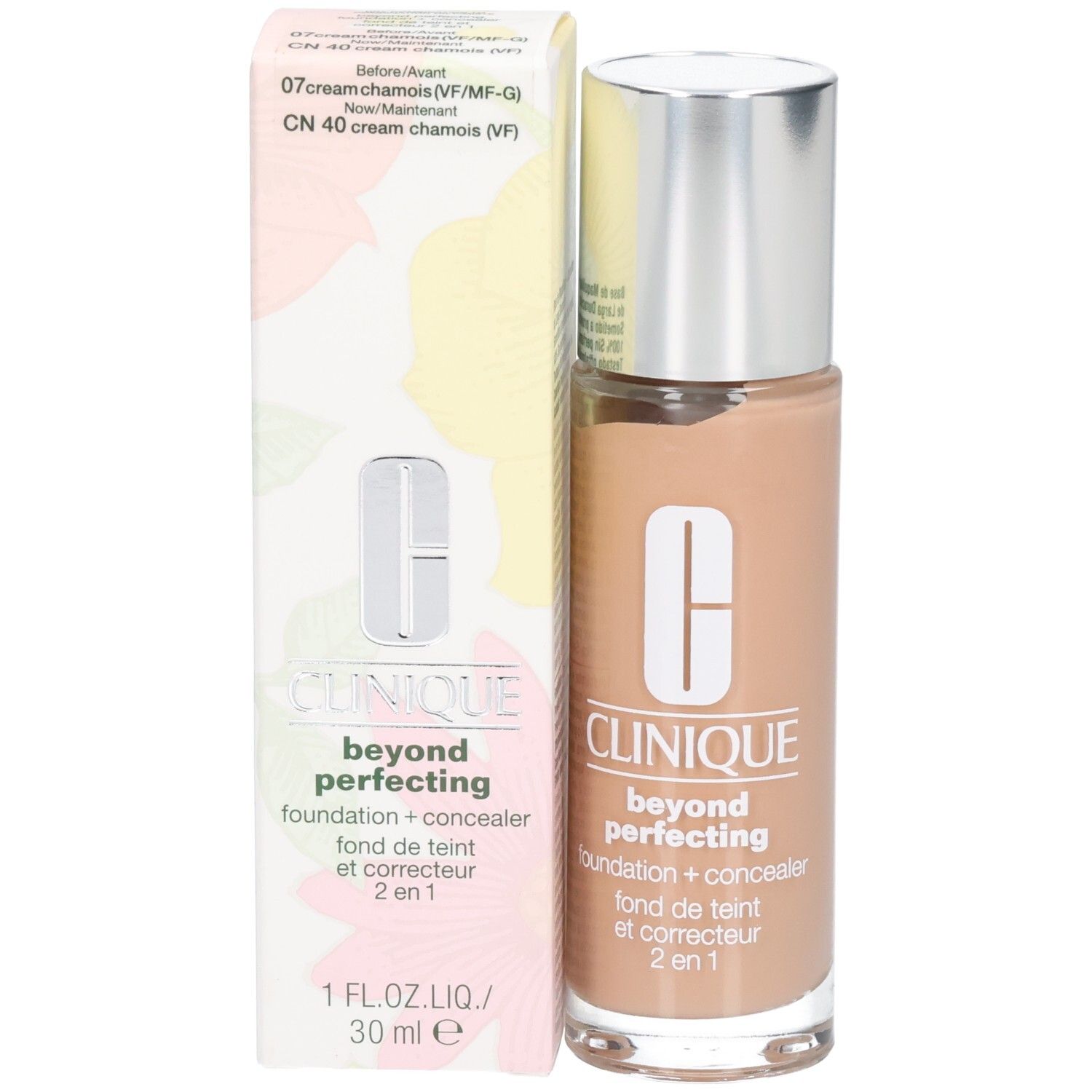 Clinique Beyond Perfecting en verpakking. Fles en doos. Productnaam en logo zichtbaar.
