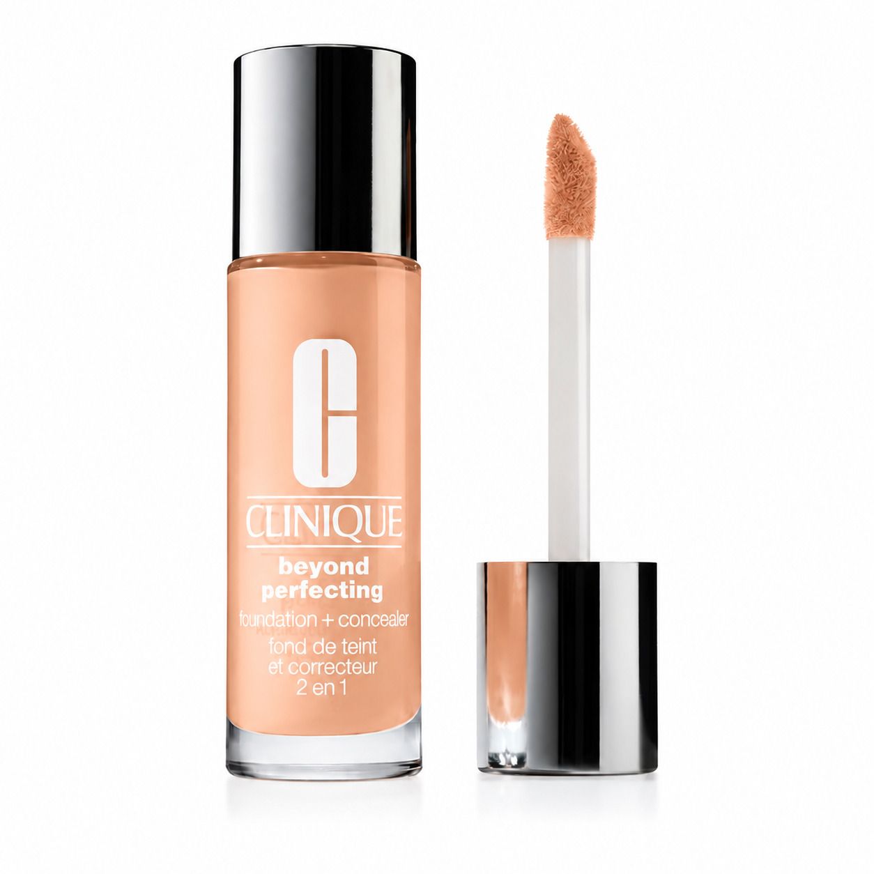 Clinique Beyond Perfecting avec applicateur. Flacon et applicateur. Produit visible.