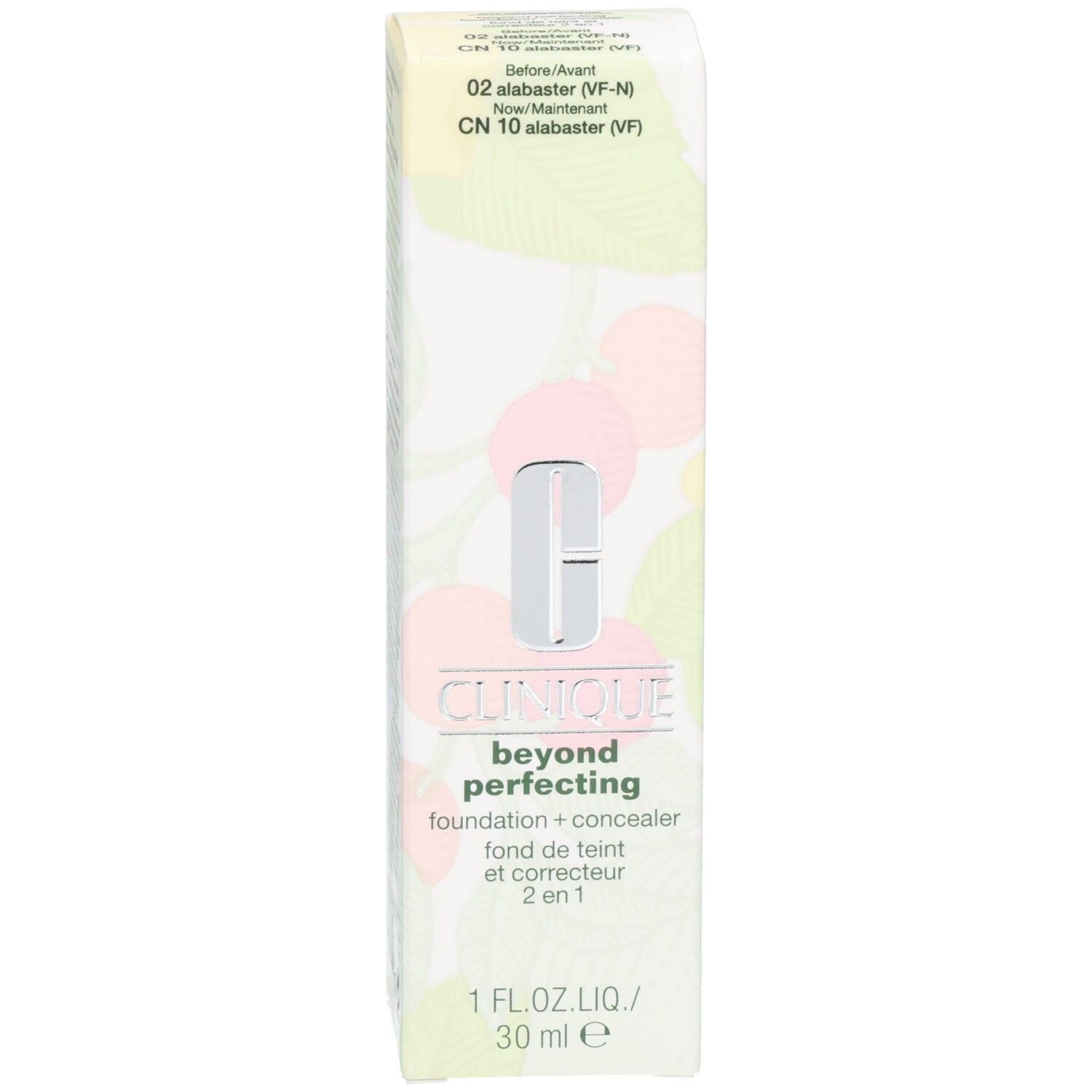 Flacon de fond de teint Clinique Beyond Perfecting. Bouchon argenté. Nom et logo visibles. Teinte beige.