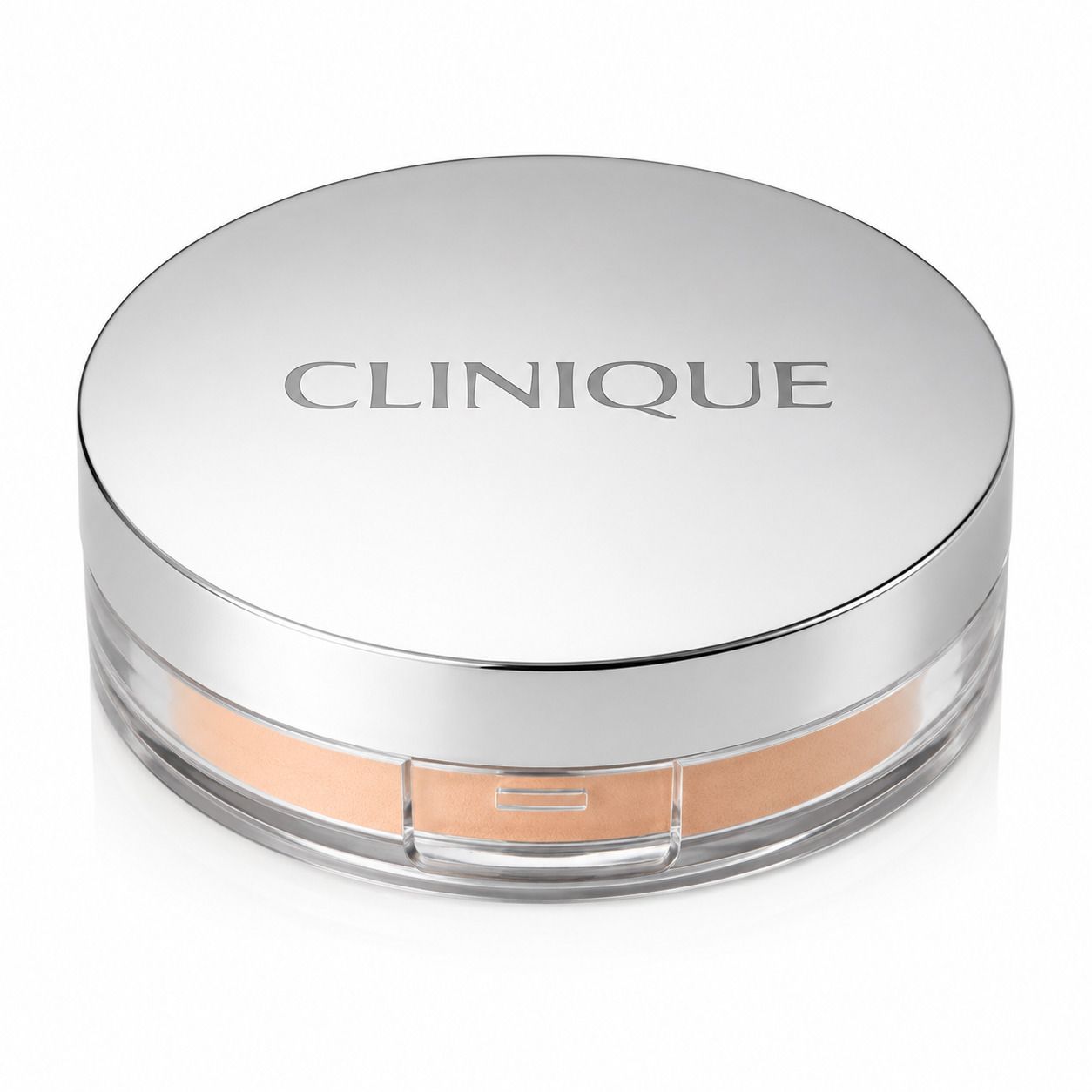 Clinique Stay-Matte Sheer Pressed Powder in zilverkleurige doos met transparant deksel.