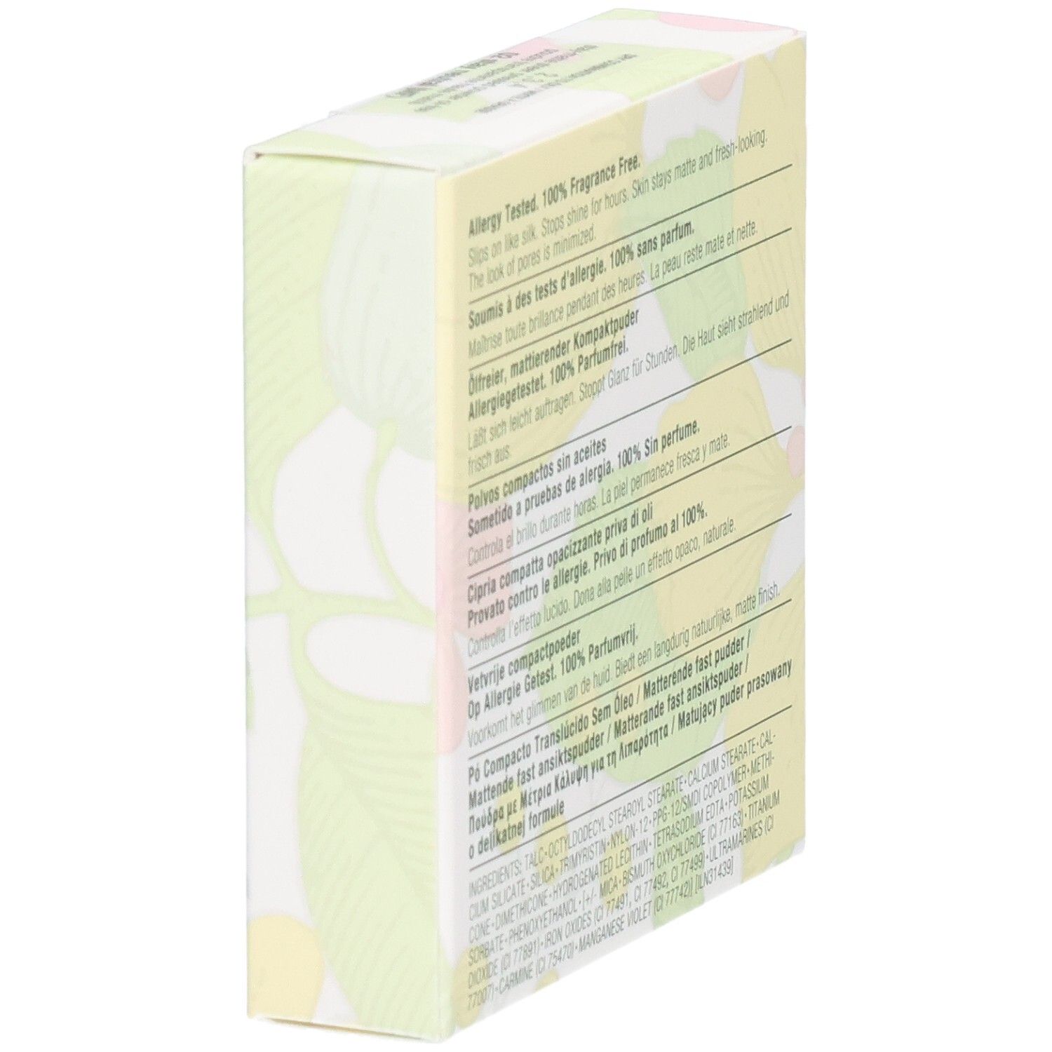Côté de l'emballage Clinique Stay-Matte Sheer Pressed Powder avec motif floral.