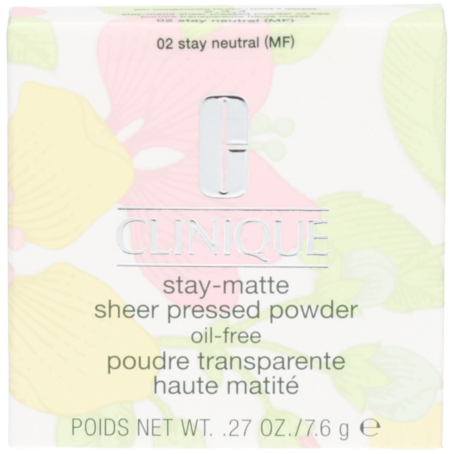 Emballage Clinique Stay-Matte Sheer Pressed Powder, teinte 02 Stay Neutral.