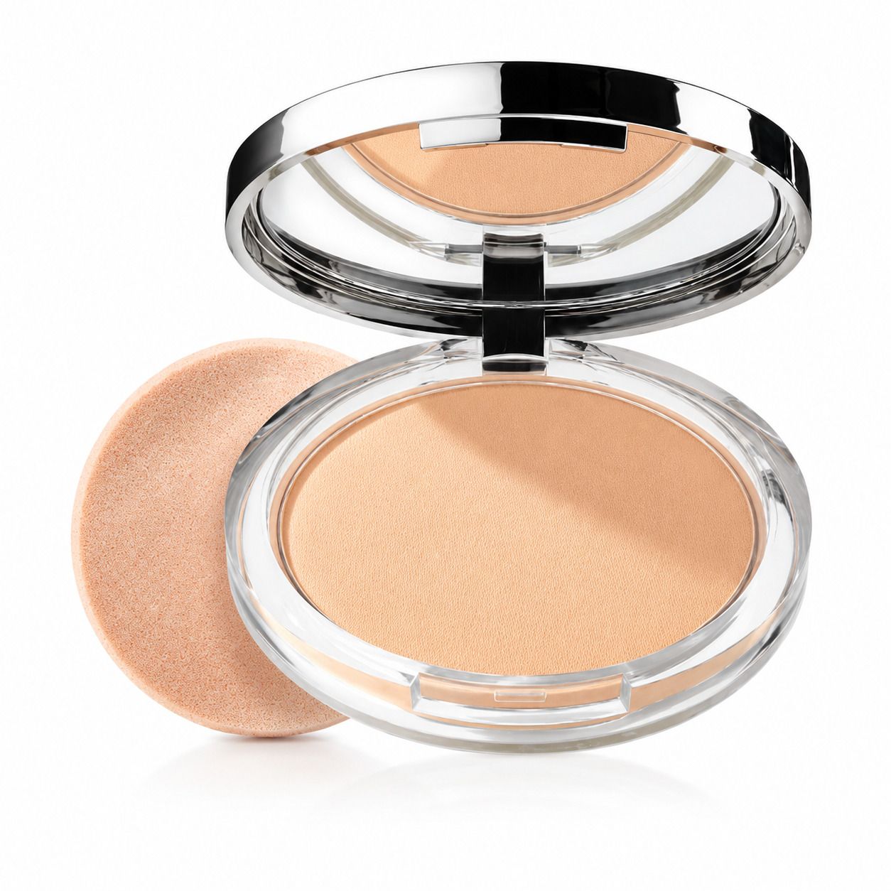 Open Clinique Stay-Matte Sheer Pressed Powder met spiegel en applicator.