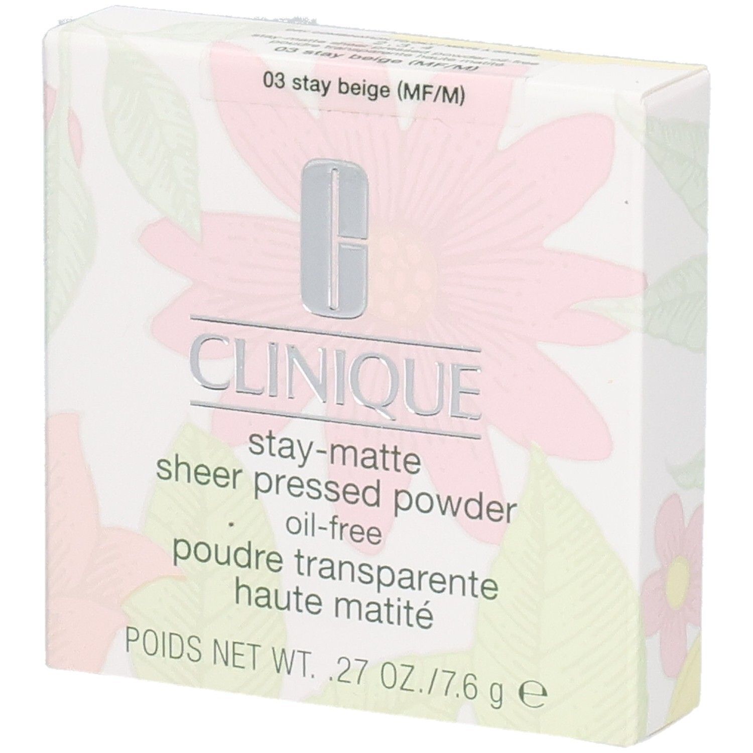 Clinique doos met logo en productnaam. Bloemenpatroon. Bevat geperst poeder.