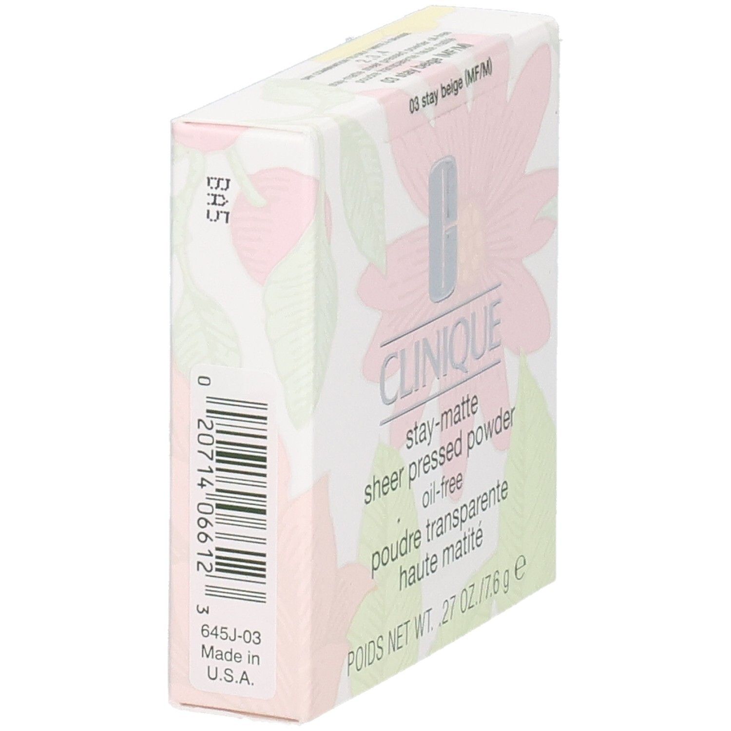 Schuine doos. Clinique logo, productnaam, barcode. Bloemenpatroon. Gemaakt in de VS.