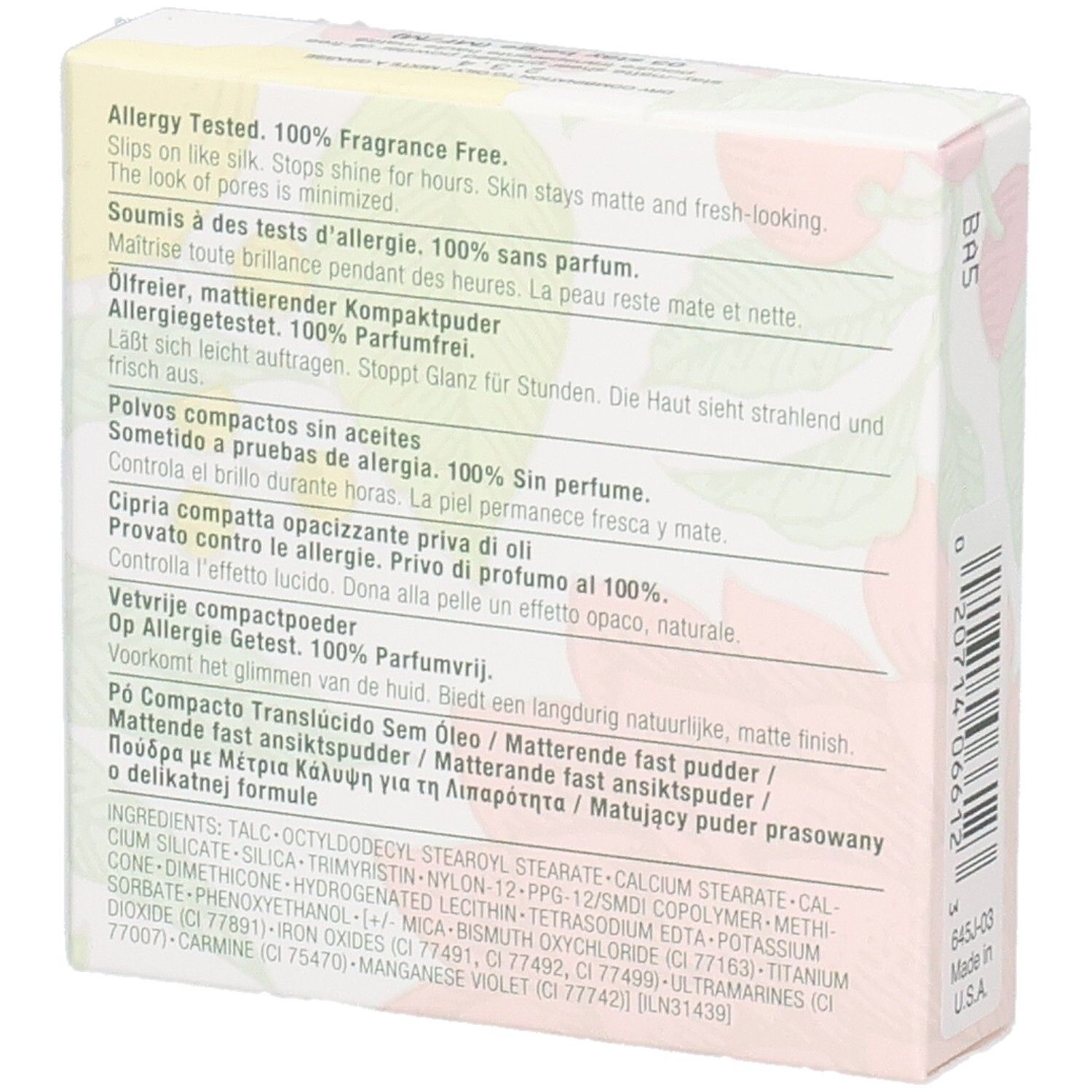 Achterkant van de verpakking. Meertalige productinfo. Allergie getest, parfumvrij. Ingrediënten.