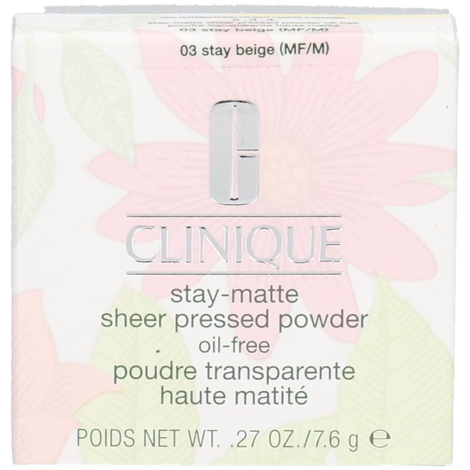 Clinique doos met logo en productnaam. Bloemenpatroon. Bevat geperst poeder.