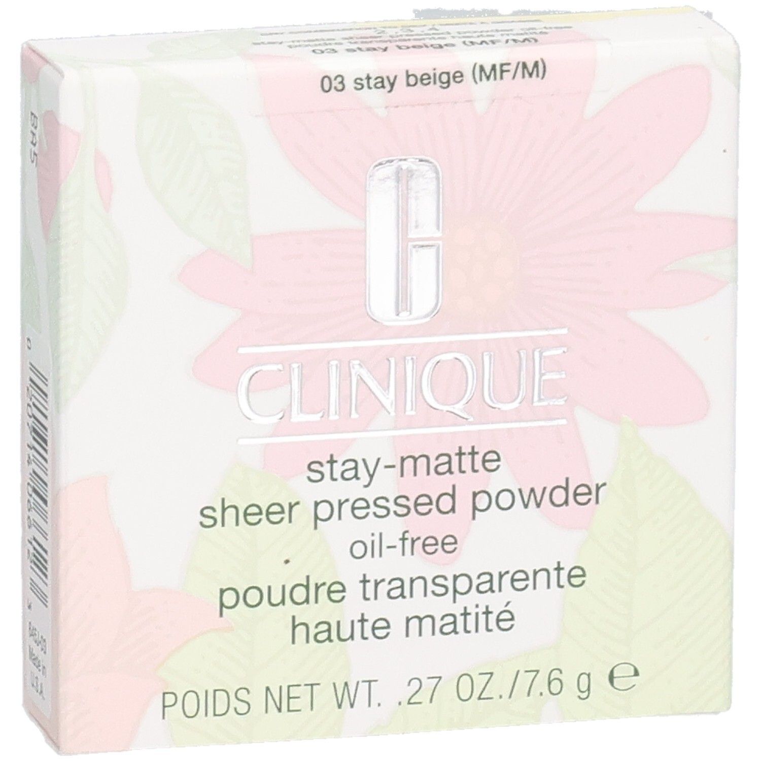 Clinique doos met logo en productnaam. Bloemenpatroon. Bevat geperst poeder.