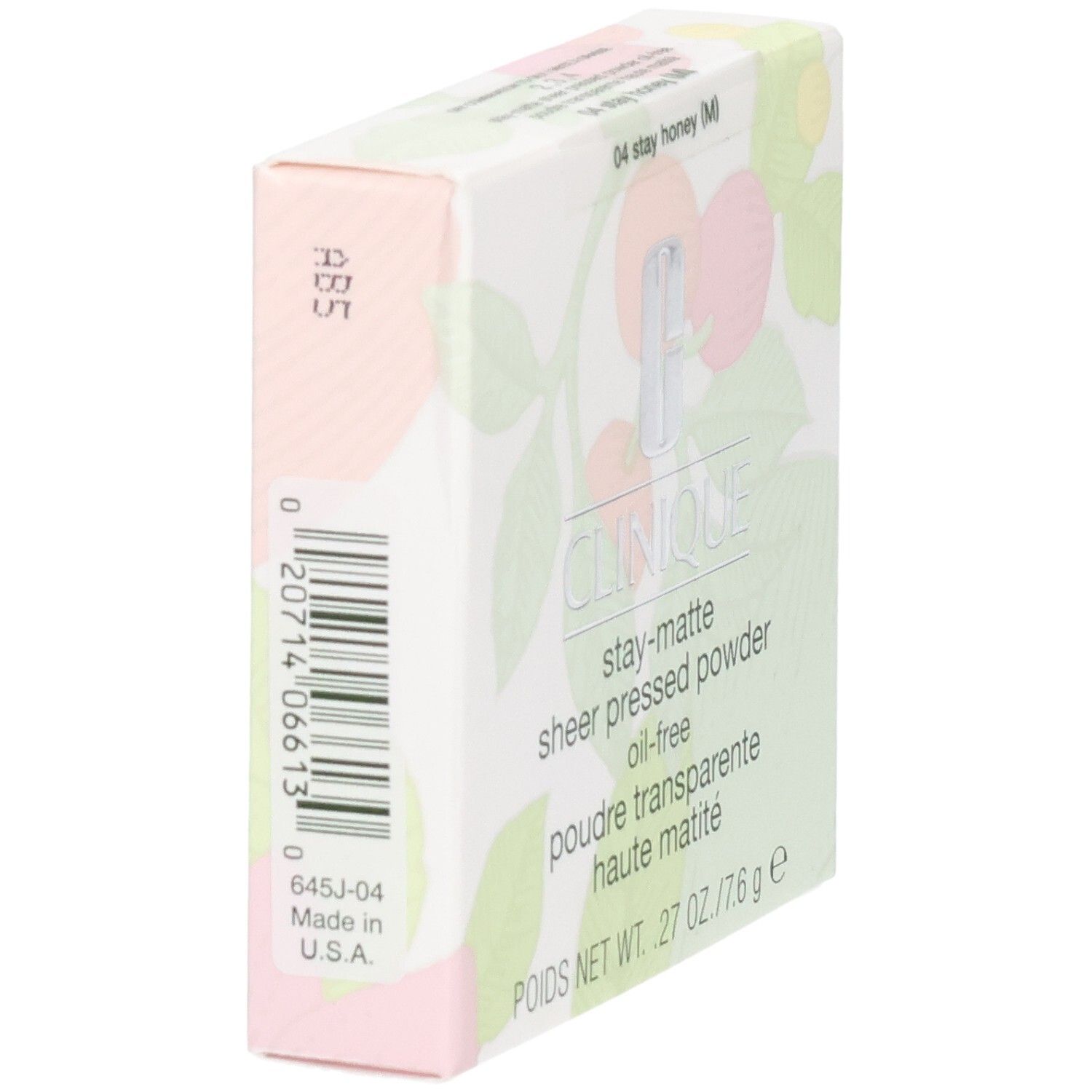 Clinique Stay-Matte Sheer Pressed Powder verpakking, achterkant met barcode en productinformatie.