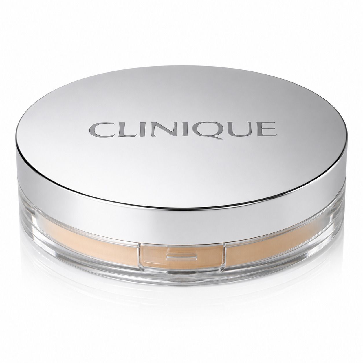 Poudre Clinique dans un boîtier argenté avec fond transparent.