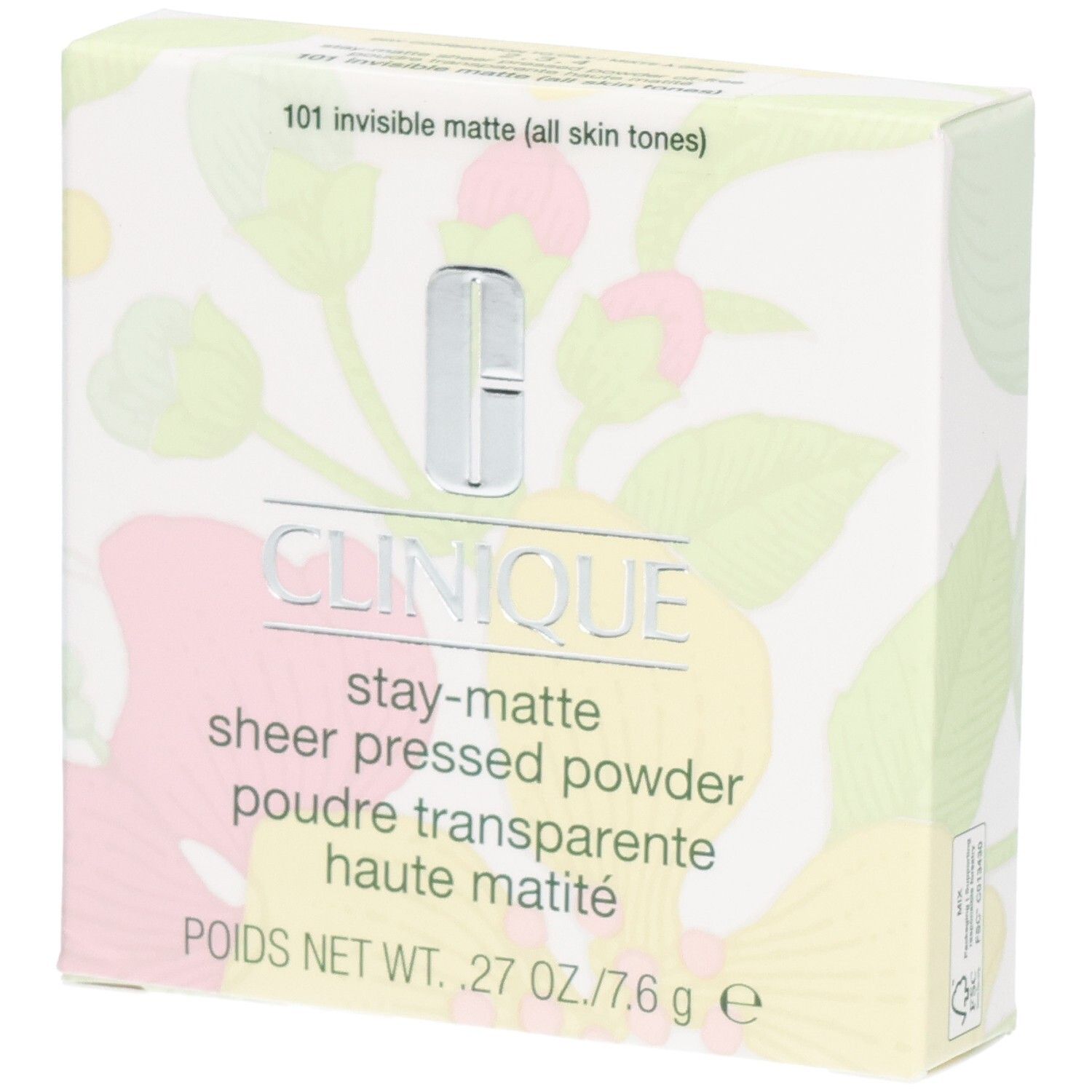 Boîte Clinique Stay-Matte Poudre Pressée Transparente, 7,6g.