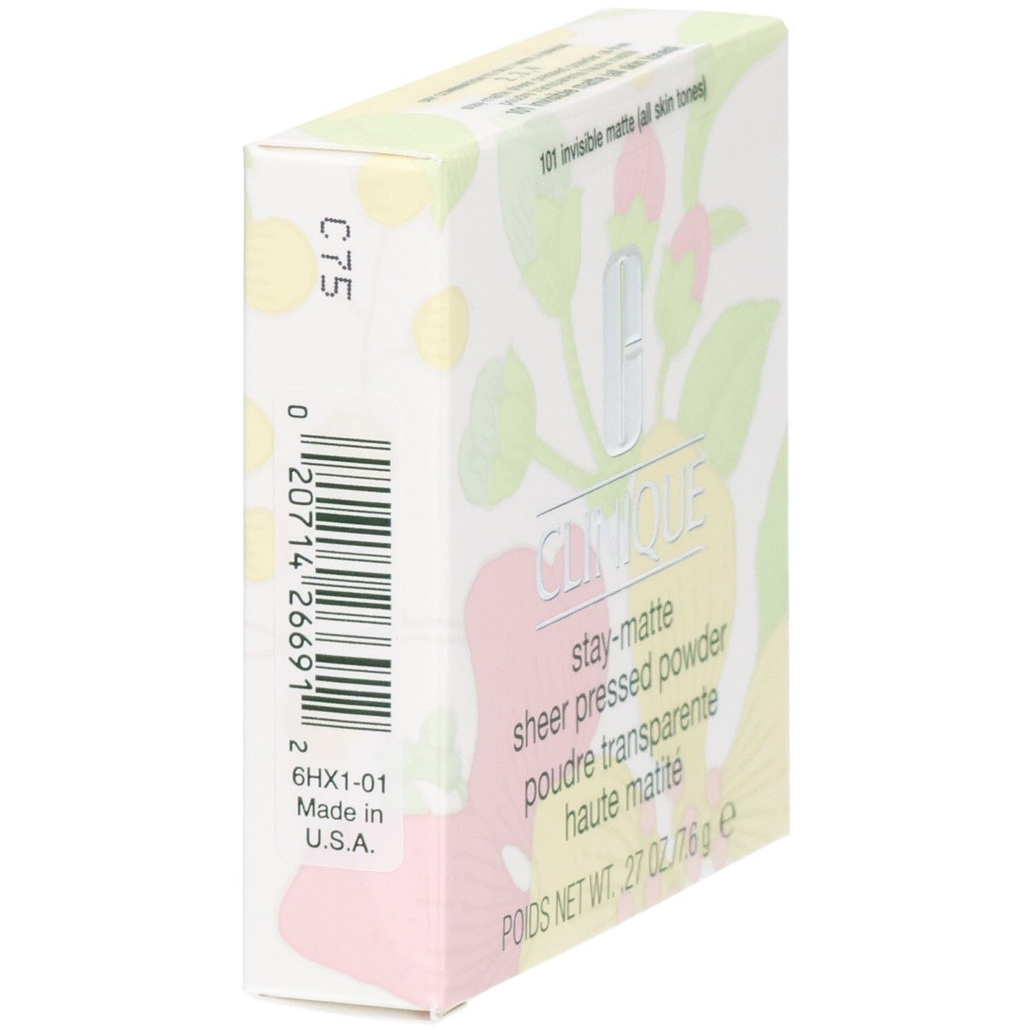 Boîte de poudre pressée transparente Clinique Stay-Matte avec motif floral. Fabriqué aux États-Unis.