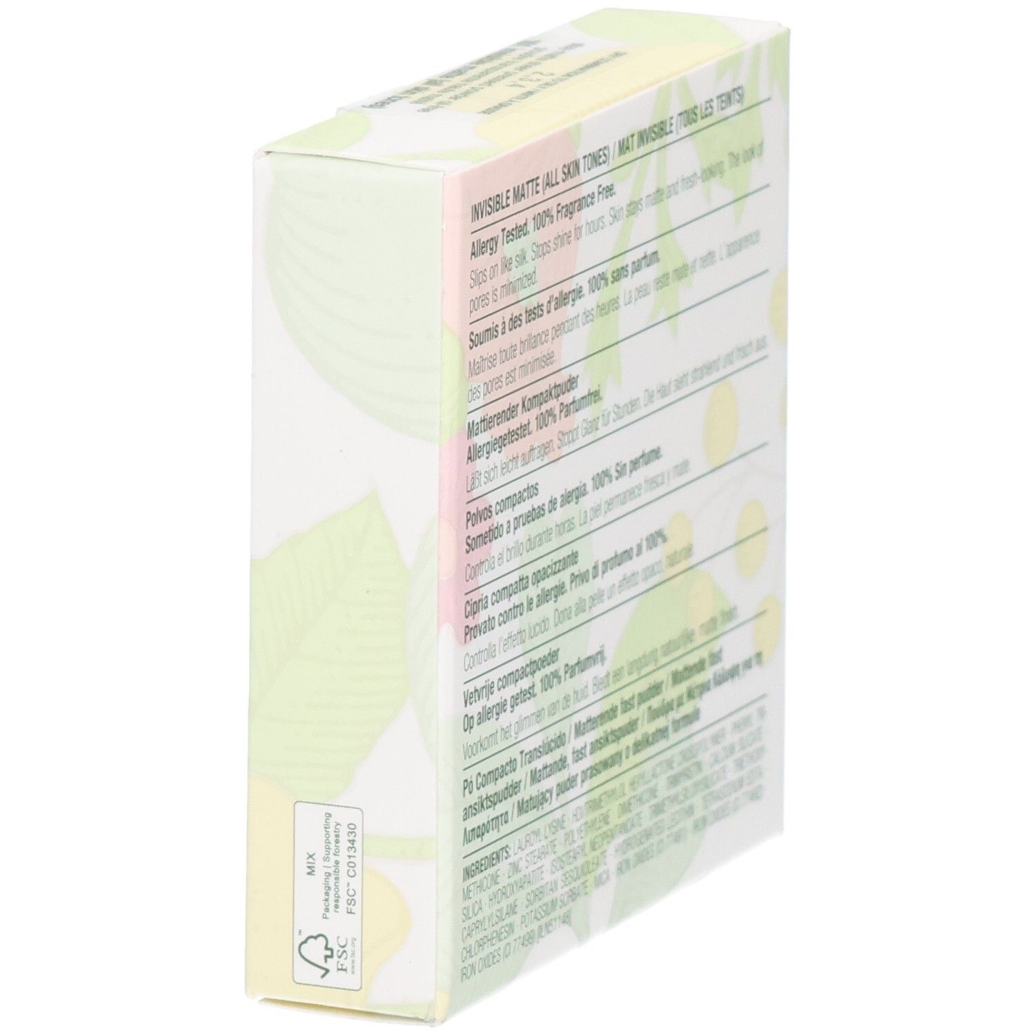 Emballage de poudre compacte avec motif de feuilles. Testé hypoallergénique, 100% sans parfum.