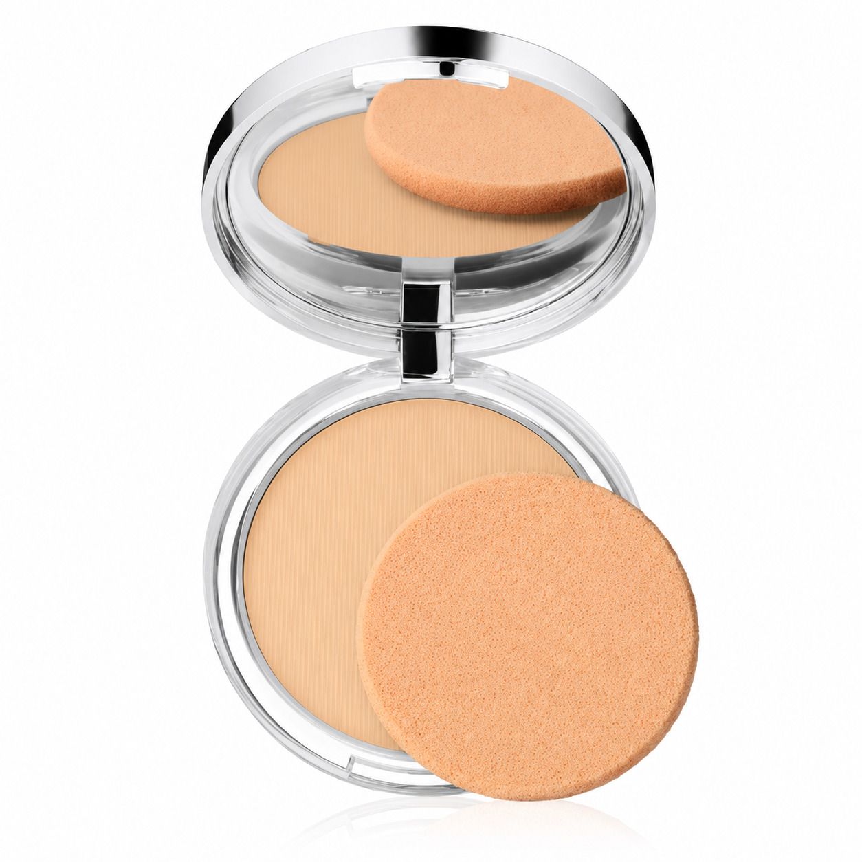 Poudre compact dans un boîtier argenté avec miroir et éponge beige.