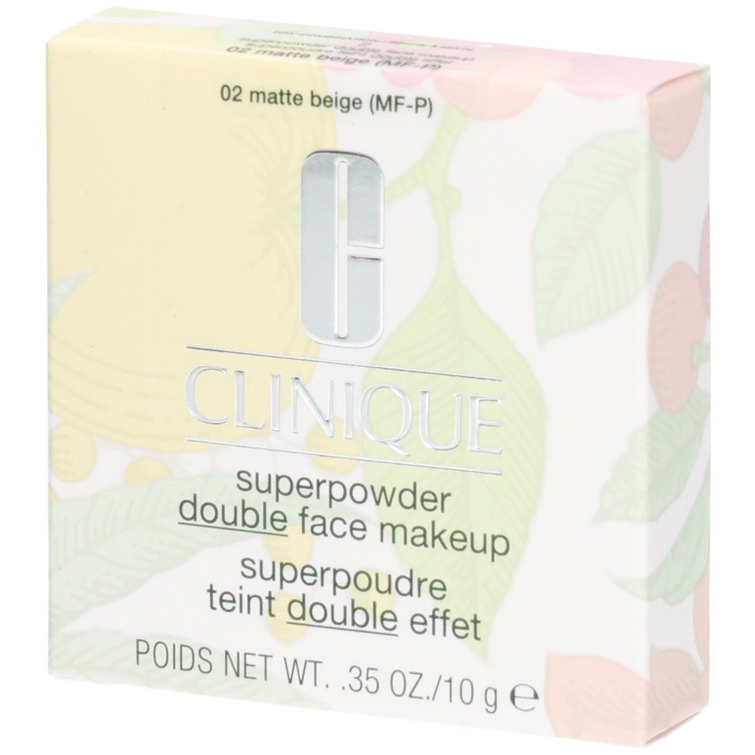Clinique Superpowder Double Face Makeup, beige mat, en boîte. Motif floral. Texte: Clinique, Superpowder, double face makeup.