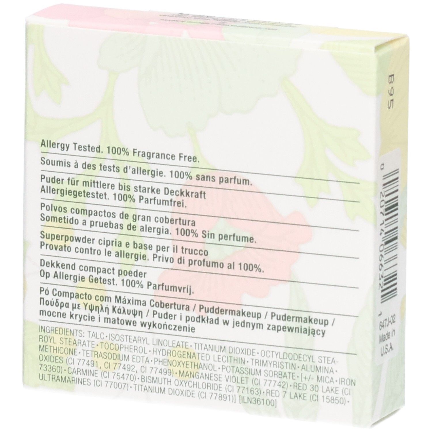 Dos de l'emballage Clinique Superpowder Double Face Makeup. Texte: Allergy Tested. 100% Fragrance Free. Ingrédients.