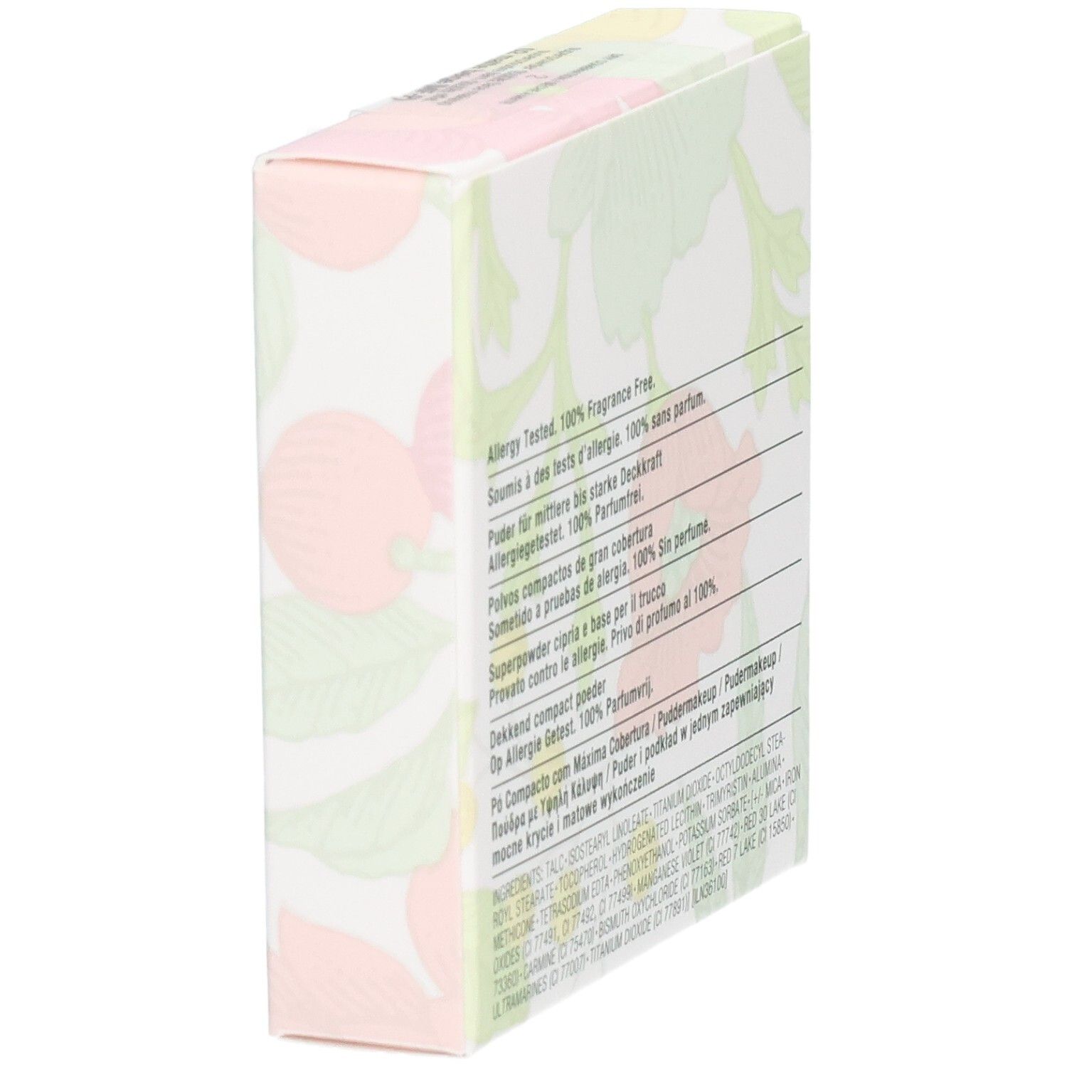 Emballage Clinique Superpowder Double Face Makeup. Motif floral. Texte: Allergy Tested. 100% Fragrance Free. Ingrédients.